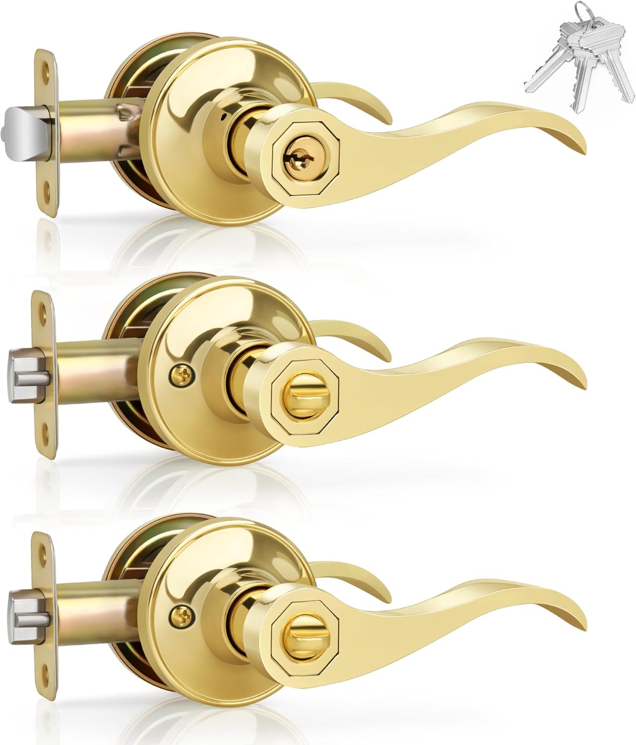 3 Pack Gold Door Handles Interior Wave Style， Keyed Entry Polished Brass Door Handles with Key and Lock, Reversible Door Lever for Bedroom、Bathroom、Closet, Satin Brass