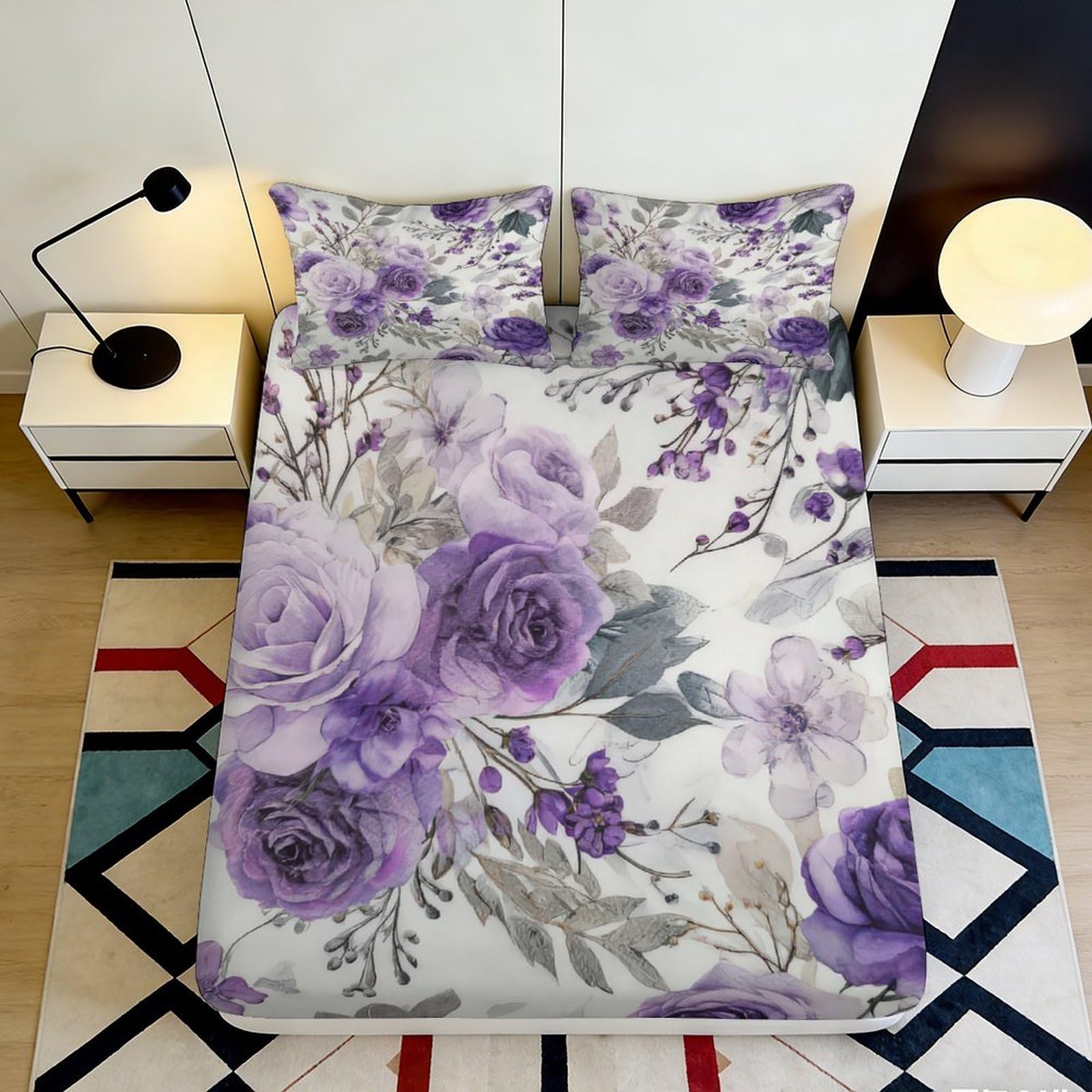 Qjzxknhpgr Style-2 3D Printed Purple Floral Fitted Sheet Microfiber Soft Breathable Rose Blossom Bed Sheet For Bedroom Dorm Decor 90X200x25cm