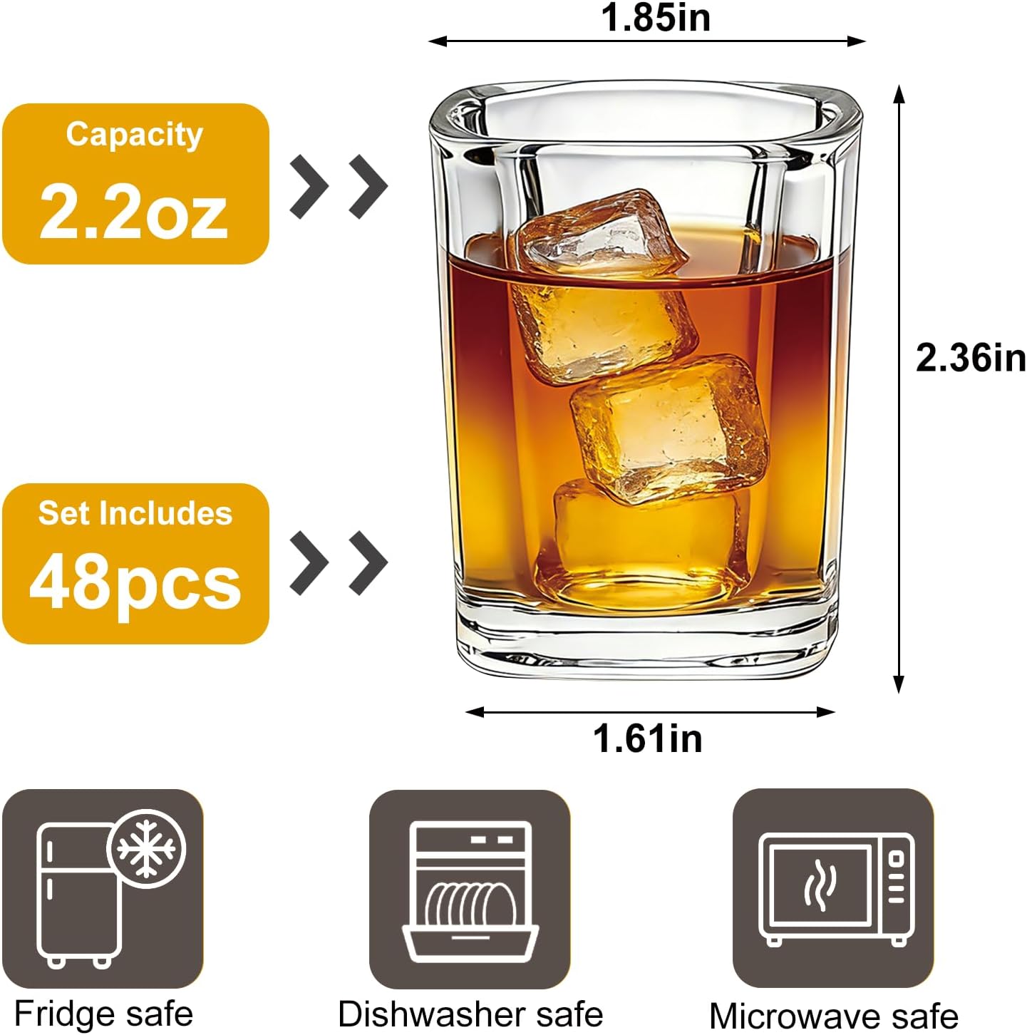 Flrolove 48 Pack Shot Glasses Bulk, 2.2 oz Clear Heavy Base Shot Glass, Whiskey Shot Glasses for Christmas Gift, Mini Square Shot Glass Set for Tequila, Vodka, Spirits & Liquors, Cocktail, Whiskey