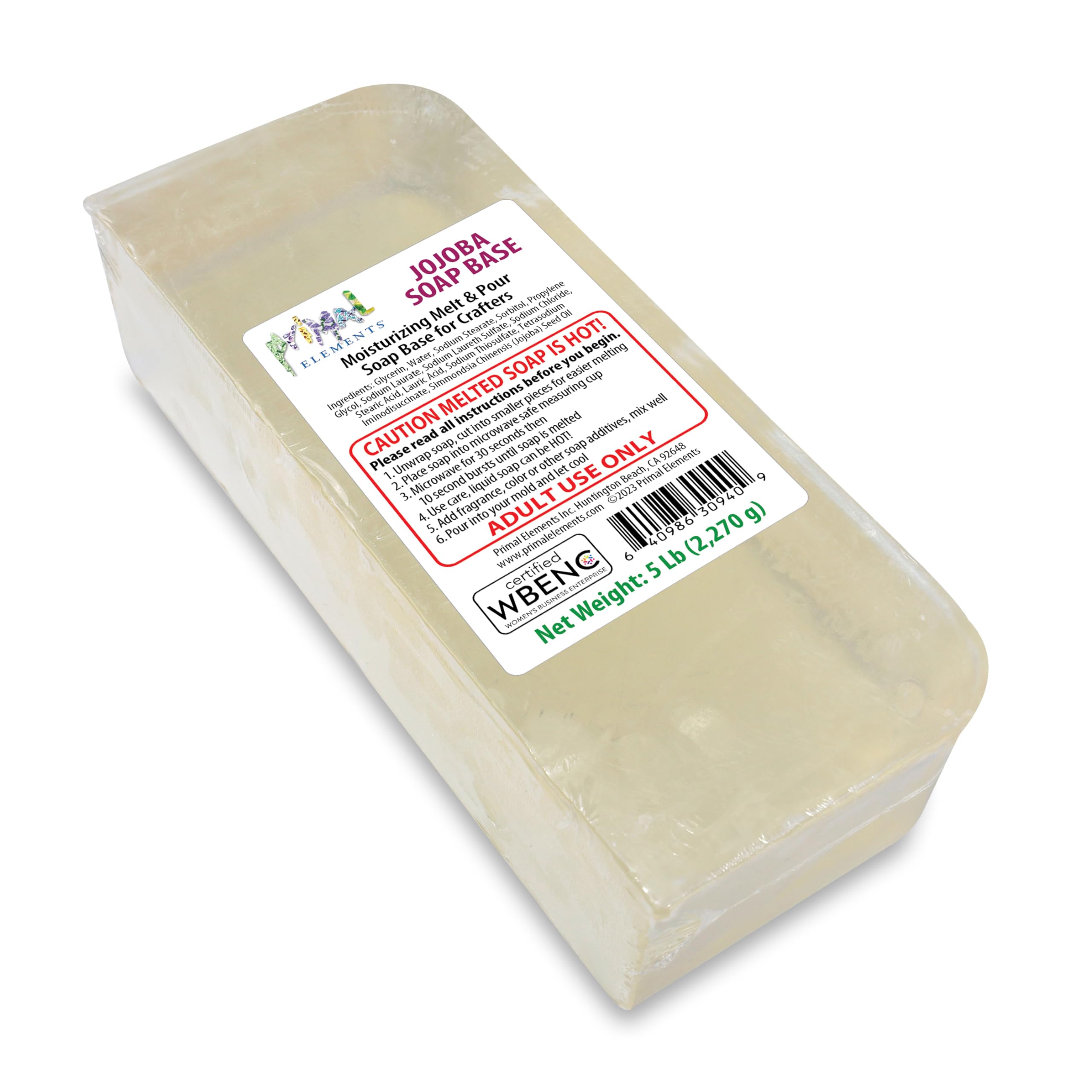 Primal Elements Jojoba Oil Soap Base - Moisturizing Melt and Pour Glycerin Soap Base for Crafting and Soap Making, Easy to Cut - 5 Pound