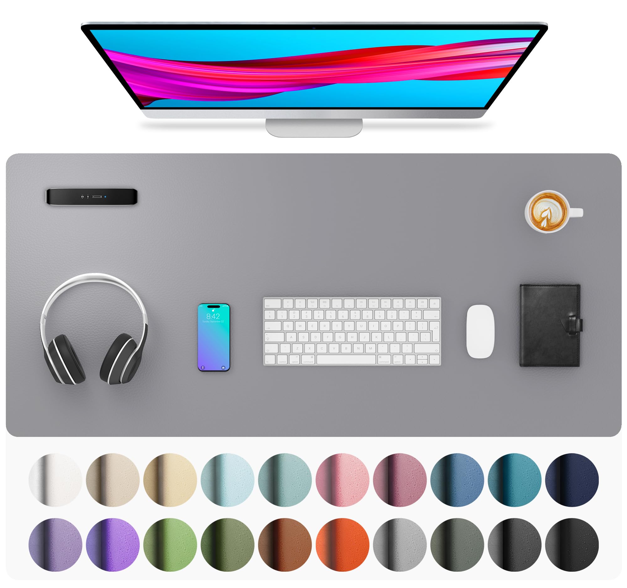 Aothia Leather Desk Pad Protector, Mouse Pad, Office Desk Mat, Non-Slip PU Leather Desk Blotter, Laptop Desk Pad, Waterproof Desk Writing Pad for Office and Home (36" x 17", Light Grey)