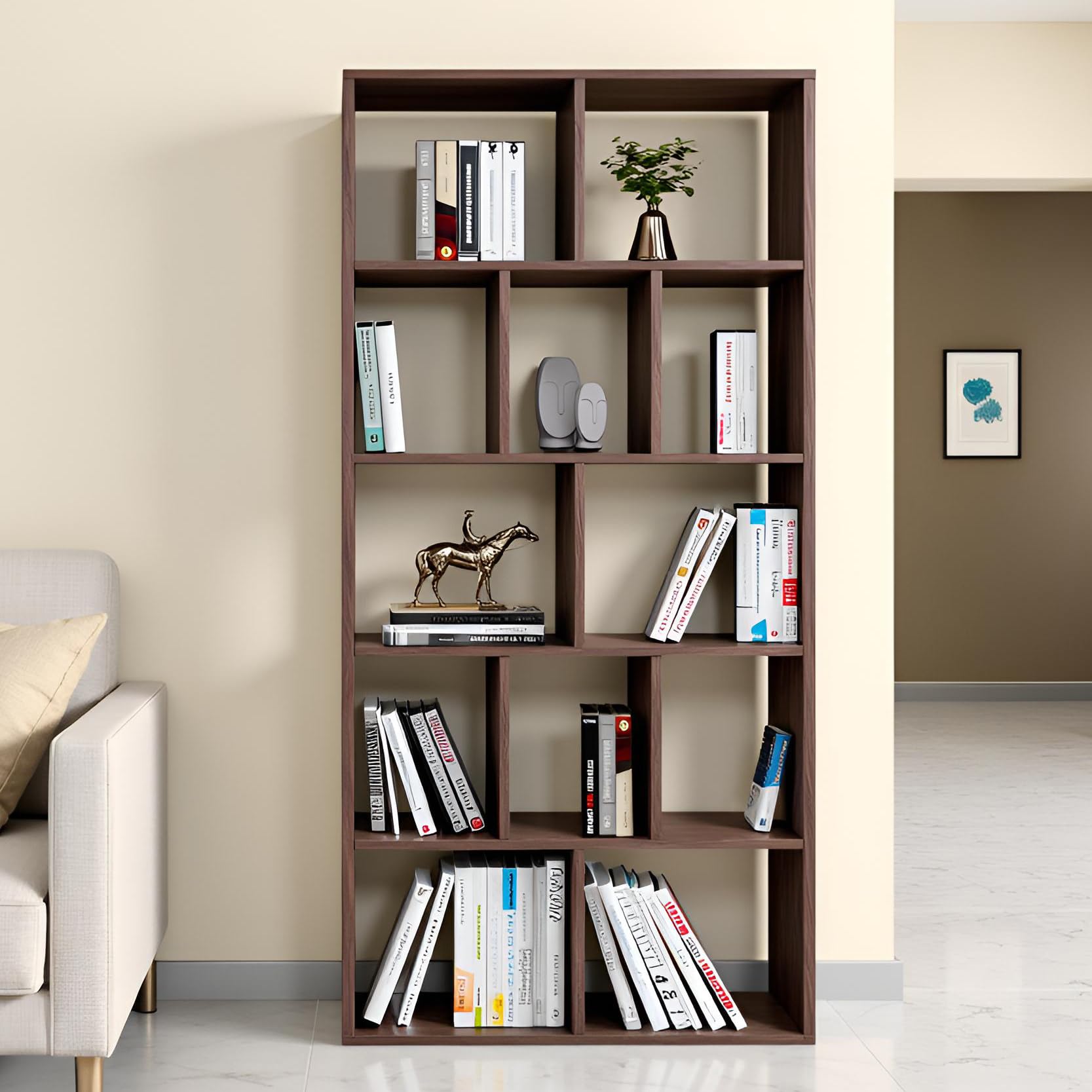 FURNEASER Hallen Multi-Compartment Wooden Bookshelf with 5-Tier Storage Modern Display Rack for Home & Office | Space-Saving Vertical Bookcase 160 x 60 x 25 cm (Wenge Finish)