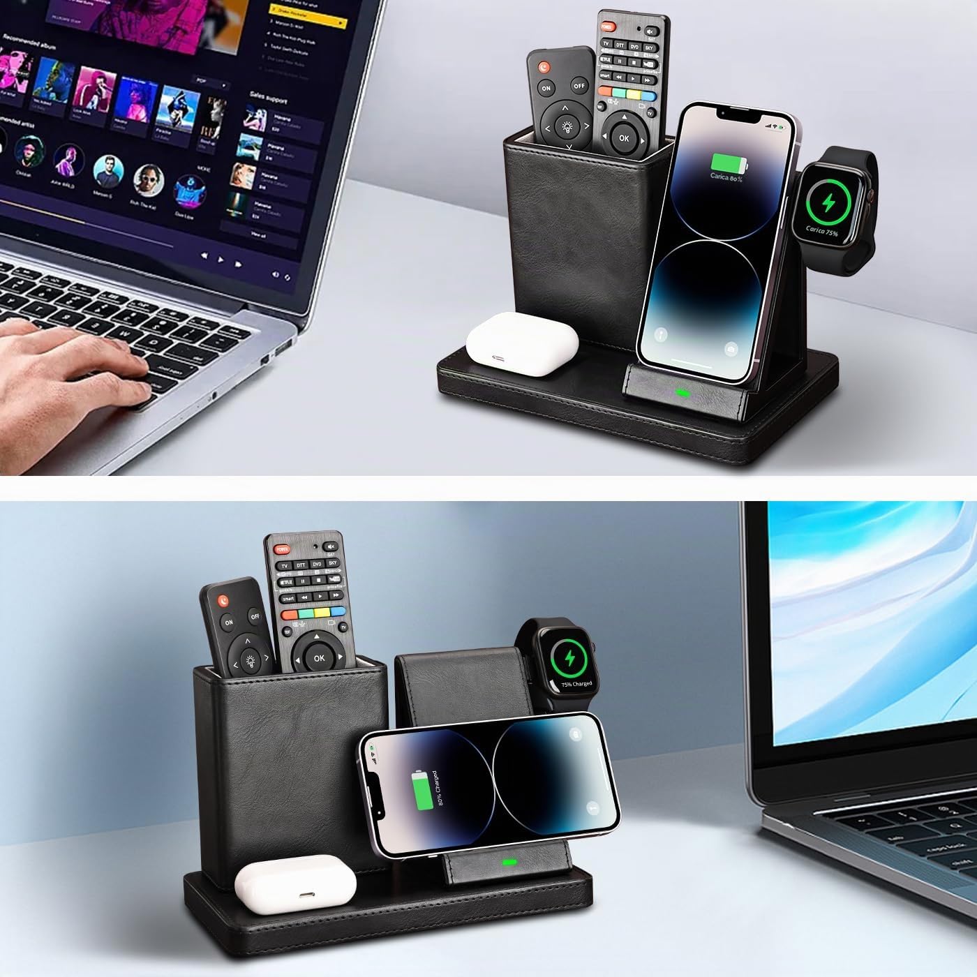 3 in 1 stazione di ricarica induttiva, KINGFOM caricatore wireless Ricarica induttiva con adattatore da 30W, stazione di ricarica wireless per iPhone 15/14/12/11, IWATCH 9/8/6/5/4/SE, AirPods Pro/2/3