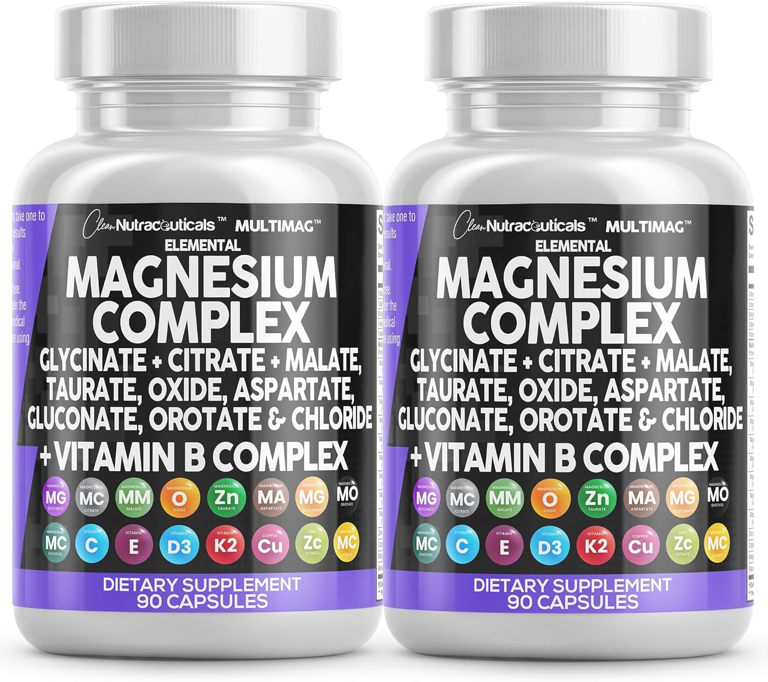 Clean Nutraceuticals Magnesium Complex with Magnesium Glycinate Citrate Malate Oxide Taurate Aspartate Orotate & Mag Chloride, Zinc Copper Manganese (90 Count (Pack of 2))