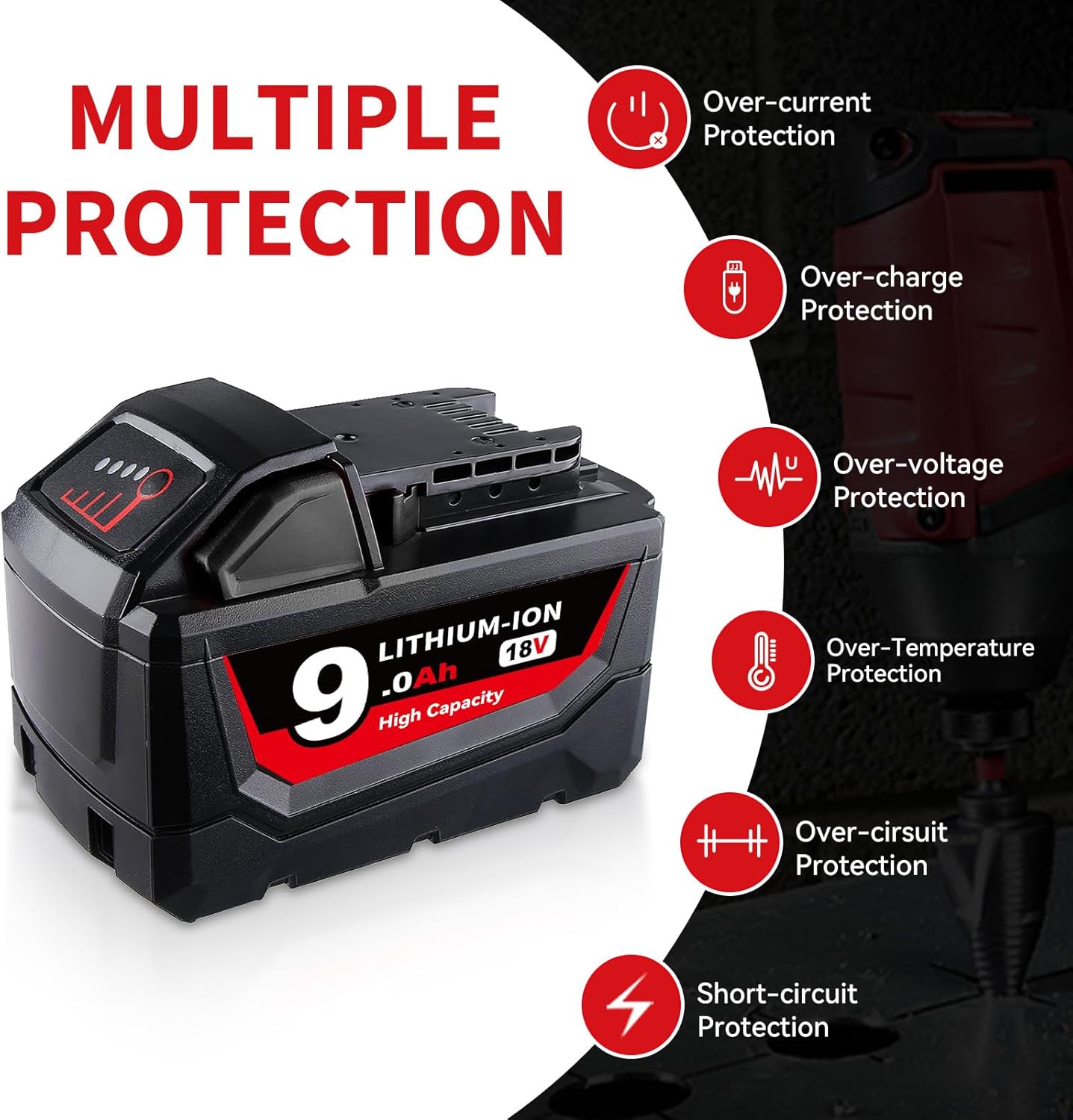 9.0Ah Battery Replacement for Milwaukee 18V Battery 48-11-1880 Lithium Compatible with 48-11-1810 48-11-1820 48-11-1840 48-11-1850 48-11-1828 48-11-1860 Cordless Tools 4Packs
