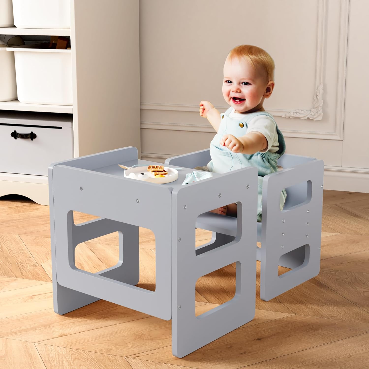 Fun Memories Montessori Weaning Table and Chair Set for Toddler and Baby, Kids Table and Chair Set- Solid Wood Toddler Furniture with Adjustable Height, Step Stool, for 1-3 Year Old Kids - Grey