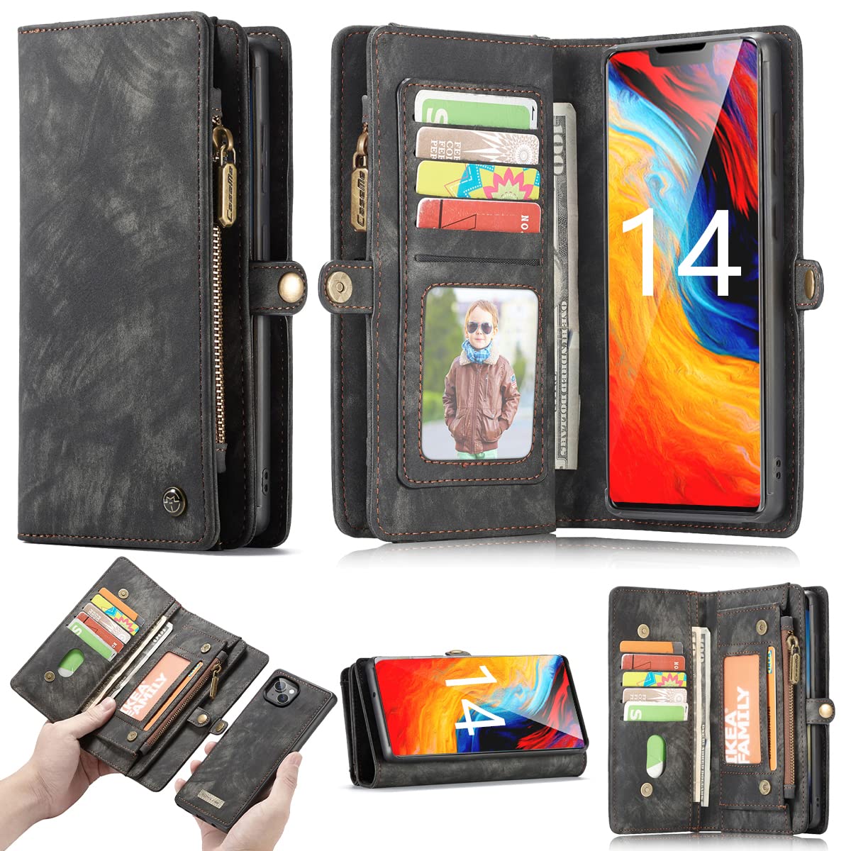 Simicoo iPhone 14 Pro Max Leather Detachable Wallet Zipper Case with 11 Card Slots Holder Magnetic case for iPhone 14 Pro Max Flip Wallet Handle Wrist
