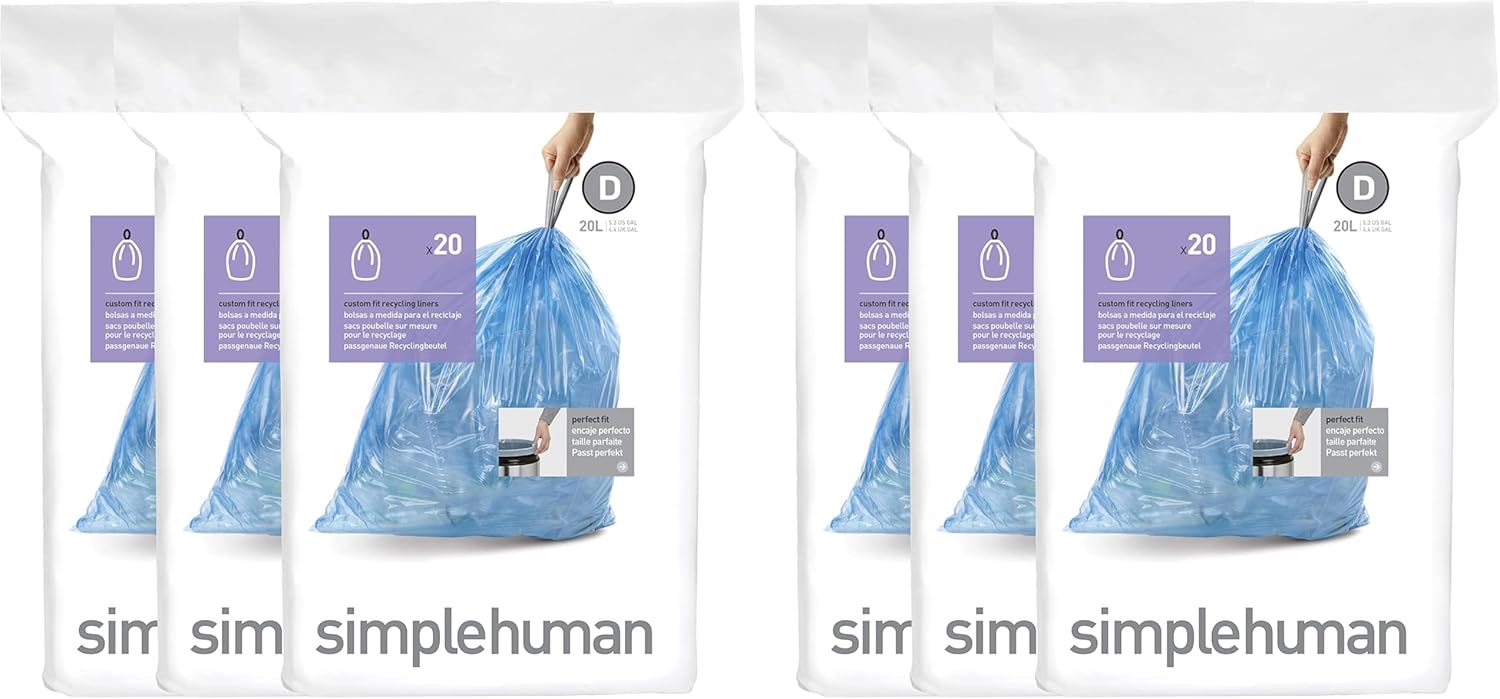 simplehuman Code D 60 Count, Genuine Custom Fit Liners, Drawstring Trash Bags in Dispenser Packs, 20 Liter / 5.3 Gallon, Blue (Pack of 2)