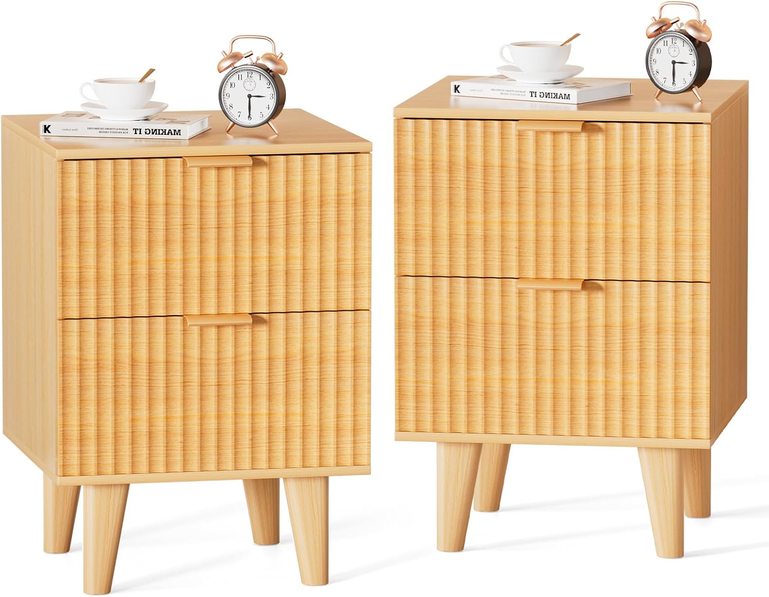Urban Deco Nightstand Set of 2, Mid Century Modern Nightstand with 2 Storage Drawers, Wooden End Table with 2 Fluted Drawers, Bedside Table with Solid Wood Legs for Bedroom (Natural) 2 no plug