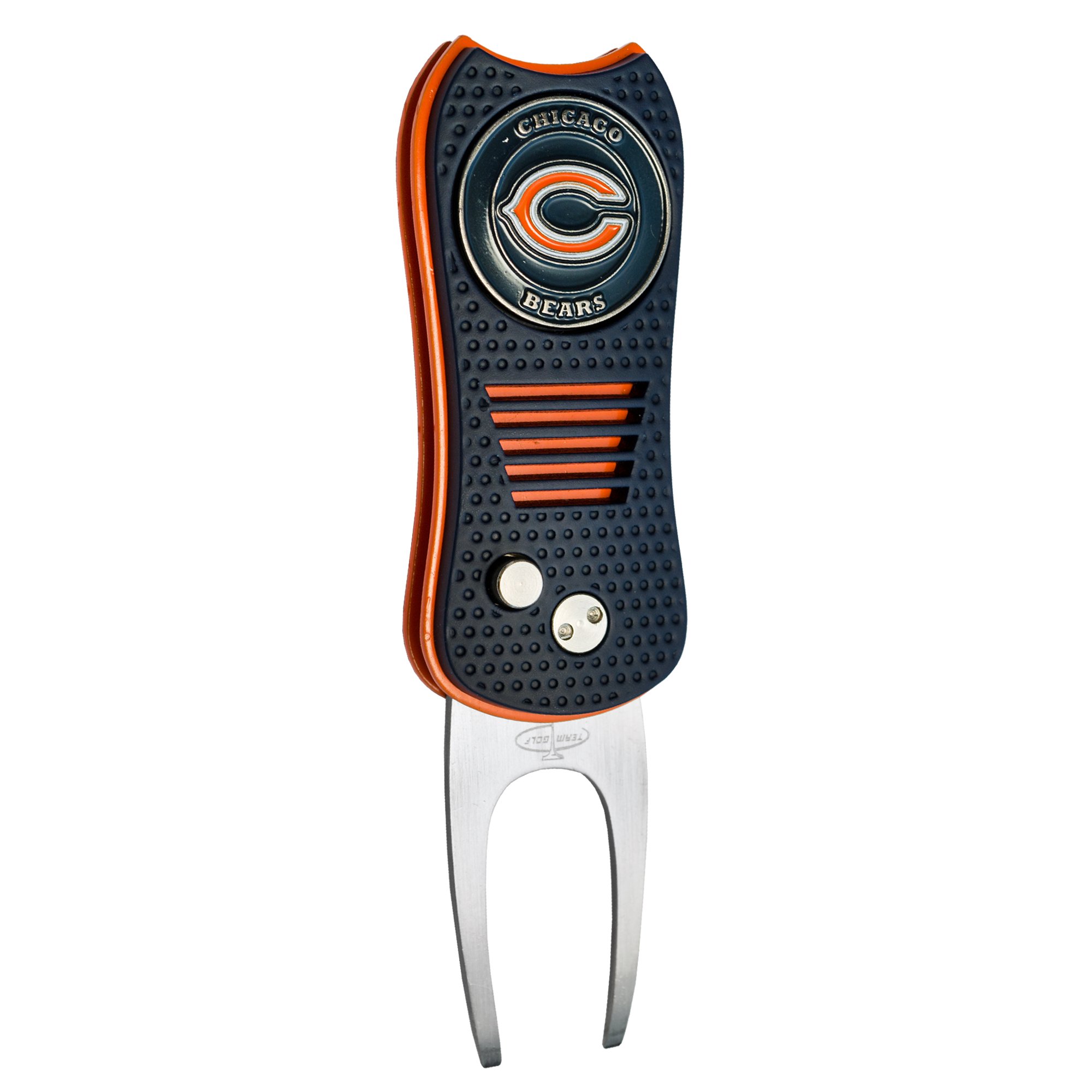 Team Golf NFL Chicago Bears Switchblade Divot Tool with Double-Sided Magnetic Ball Marker, Features Patented Single Prong Design, Causes Less Damage to Greens, Switchblade Mechanism