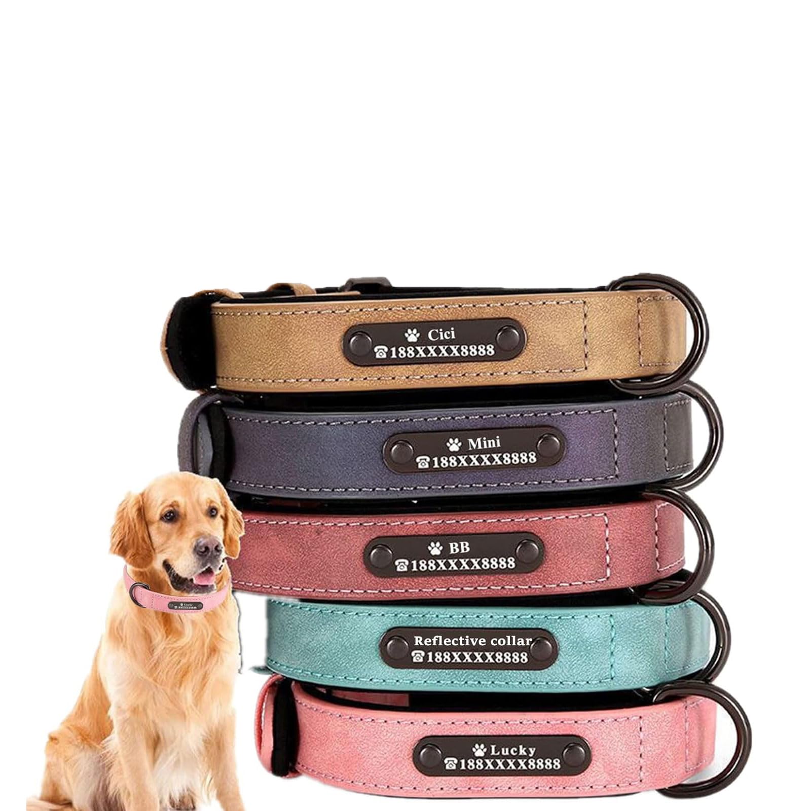 Collar de perro personalizable personalizable con nombre grabado, de cuero acolchado suave, duradero, para perros pequeños, medianos y grandes (XS-XL, verde)