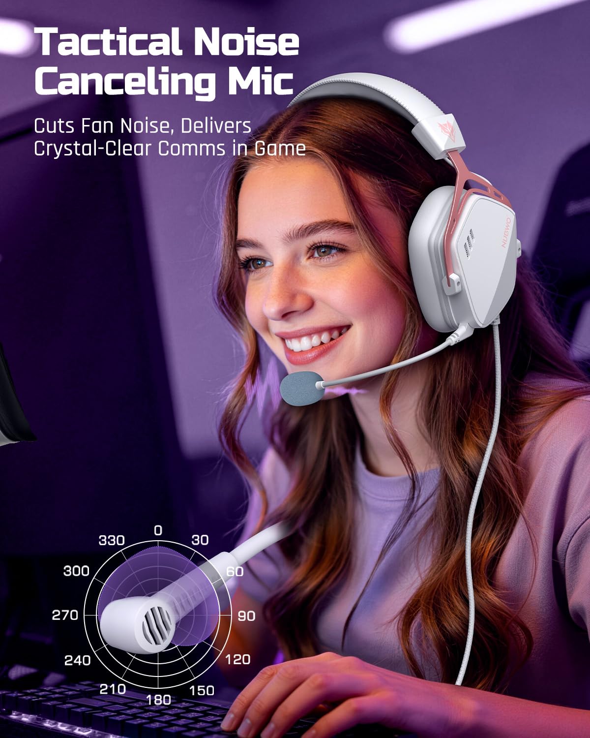 NUBWO HG03 USB-A Gaming Headset con 7.1 Surround e FPS Sound, cuffie cablate con microfono a cancellazione del rumore, design confortevole per PC, laptop, bianco e rosa