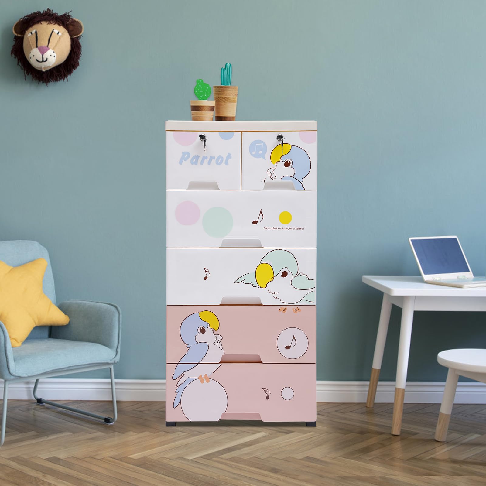 RocoReny 5 Tiers Plastic 6 Drawer Dresser,Closet Drawers Storage Cabinet with Wheels & Lock for Bedroom Living Room Playroom Toys (Parrot-Pink Color 19.7 * 13.8 * 40in)