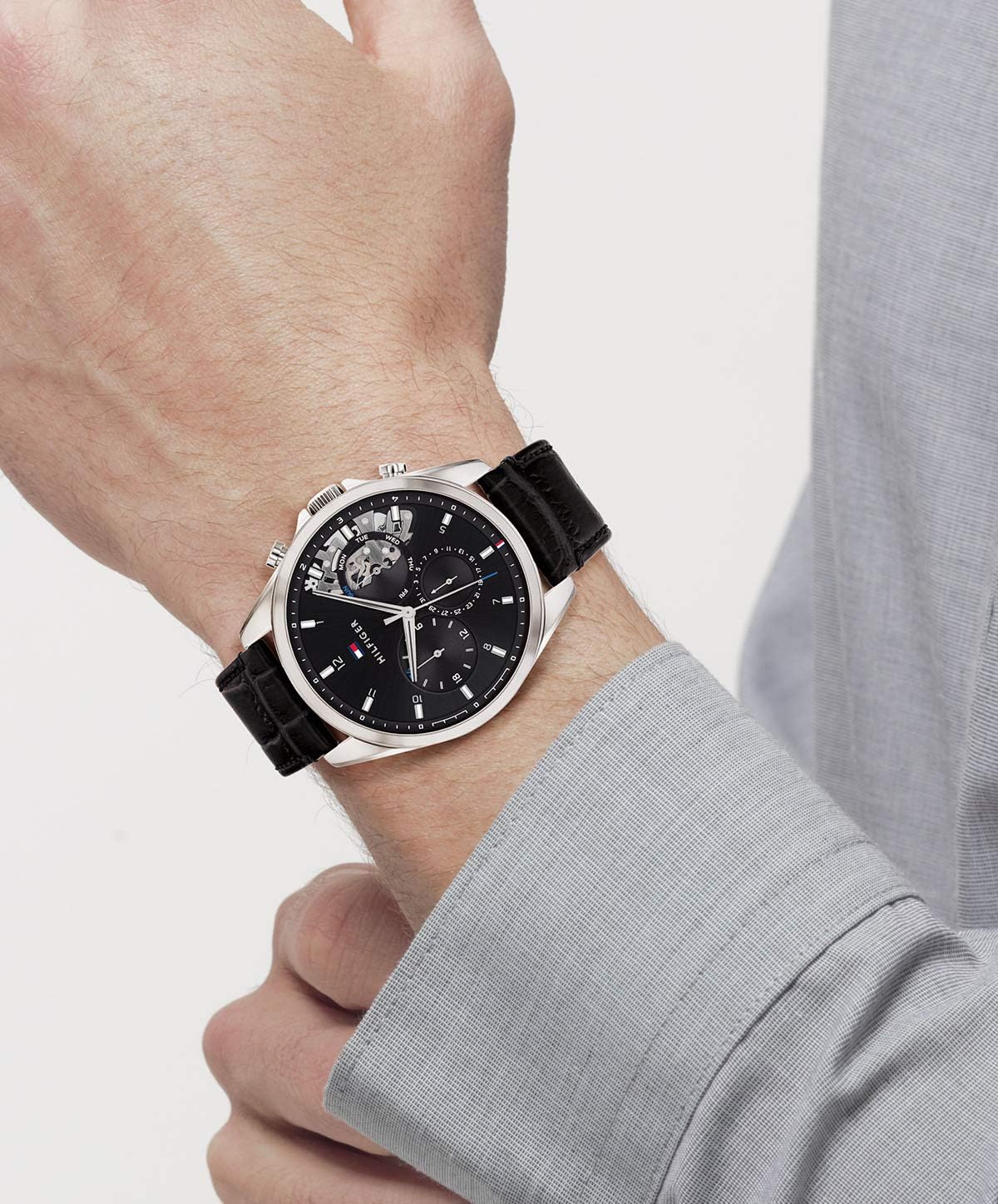 Tommy Hilfiger Men's Watch – Quartz Multifunction, 44 mm Stainless Steel Case, Skeleton Dial, Leather Strap – Dress Watch for Men