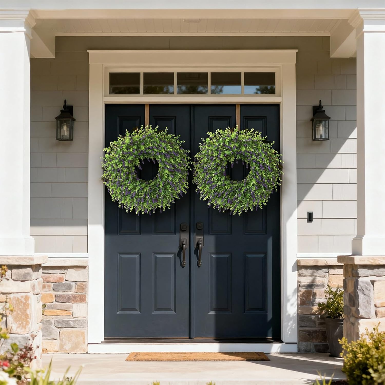 26" Artificial Lavender & Eucalyptus Wreath for Front Door - UV Resistant Faux Greenery Outdoor Wreath for Wall, Window, Farmhouse, Spring, Summer Decor