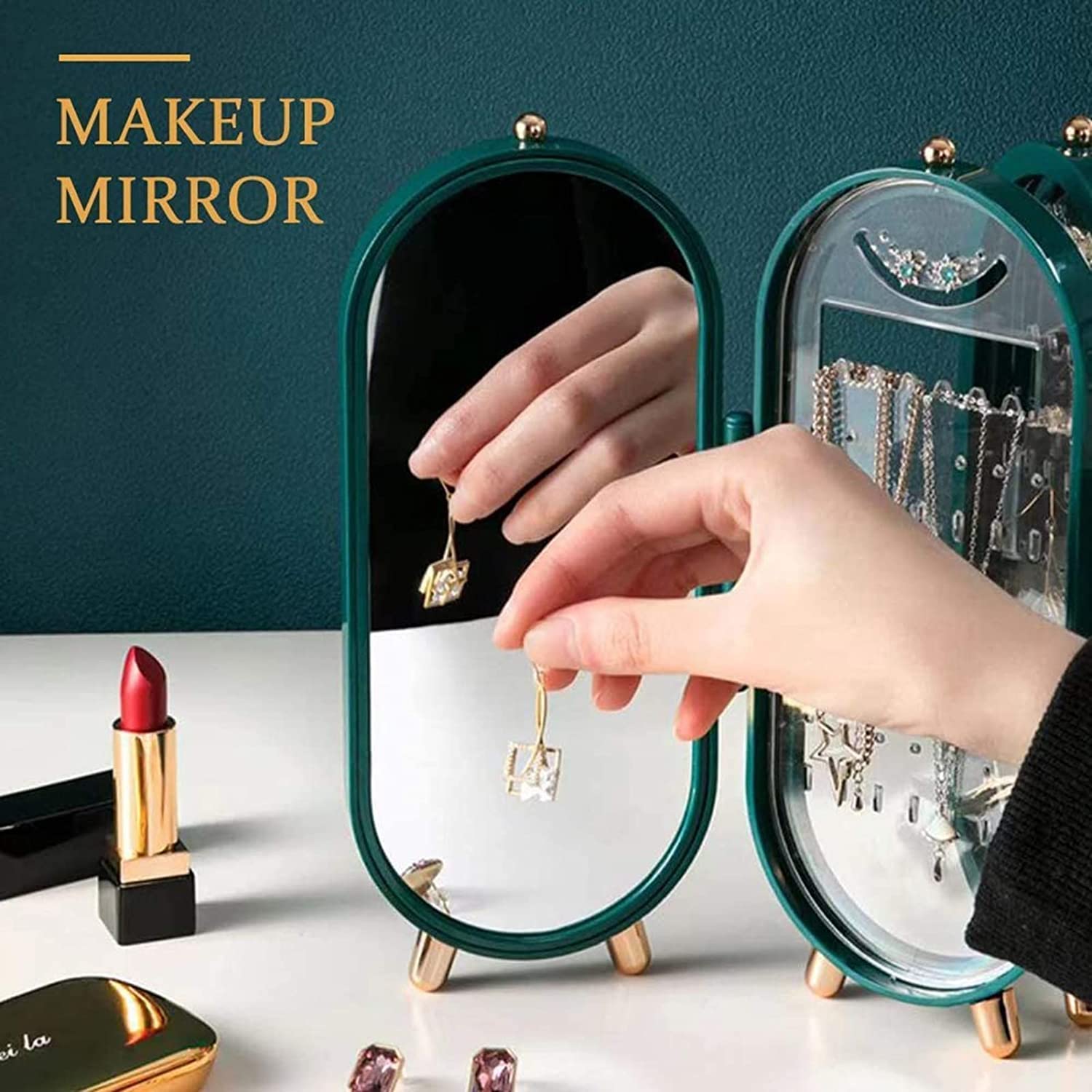 Ohrringhalter Ständer, Faltbare Schmuckschatullen für Frauen, 4 Türen Acryl Schmuck Display Rack Schmuck Reisekoffer mit Spiegel zur Aufbewahrung von Ohrringen, Halsketten, Ringen.