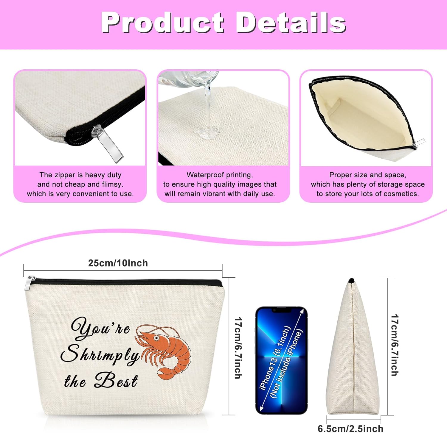 Shrimp Themed Gifts Makeup Bag Funny Shrimps Gifts for Women Shrimp Lover Gift for Daughter Sister Bff Besite Cosmetic Bag with Zipper Seafood Lover Gift Friendship Birthday Present Travel Pouch - Image 2