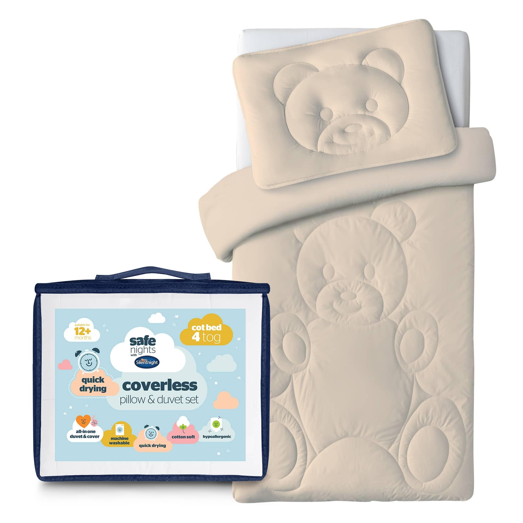 Silentnight Safe Nights Coverless Cot Bed Duvet & Pillow Set - Teddy Bear Motif Soft Cotton - 4 Tog Quilt Blanket - Slim & Supportive Pillow for Kids Toddler, Machine Washable, Cot Bed