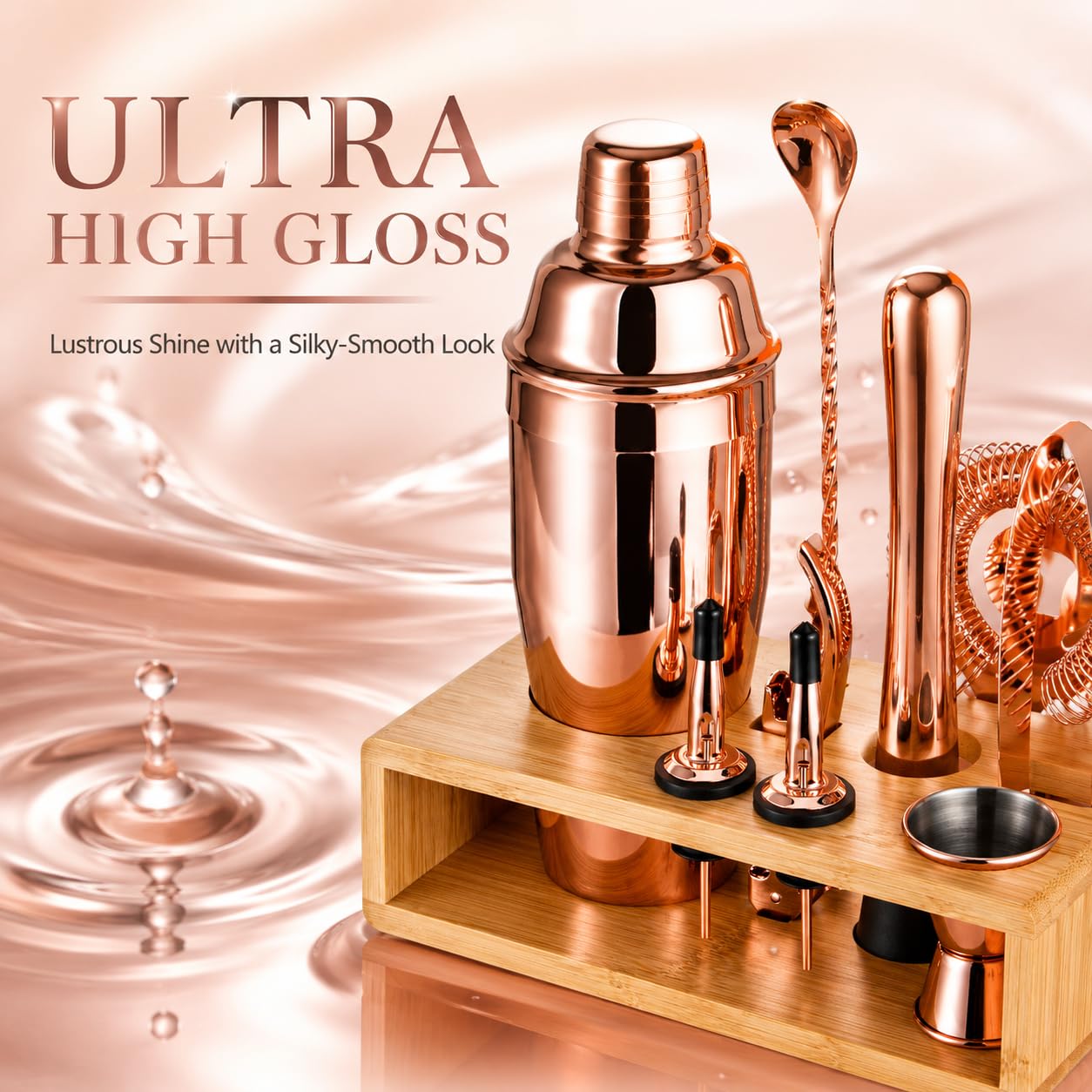 Rose Gold Cocktail Shaker Set, Premium 18/8 Stainless Steel Mixology Bartender Kit with Stylish Bamboo Stand 10-Piece Bar Tools & Accessories for Home Decor - Gift for Women, Mom, Wedding view 4