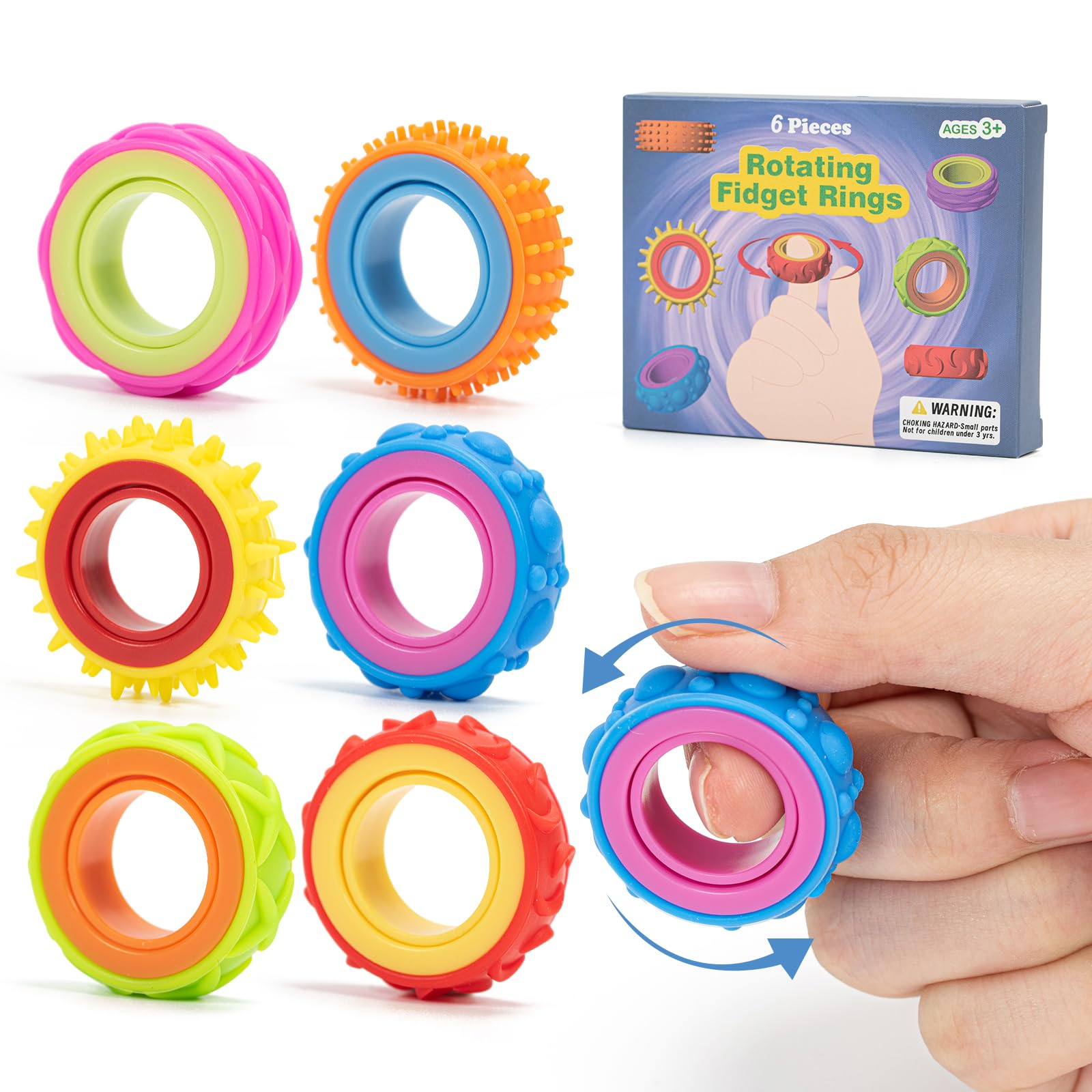 Fidget Toys Adults, 6 Pack Fidget Toys For Adults & Children, Textured Finger Spinner Rings, Adhd, Anxiety Relief