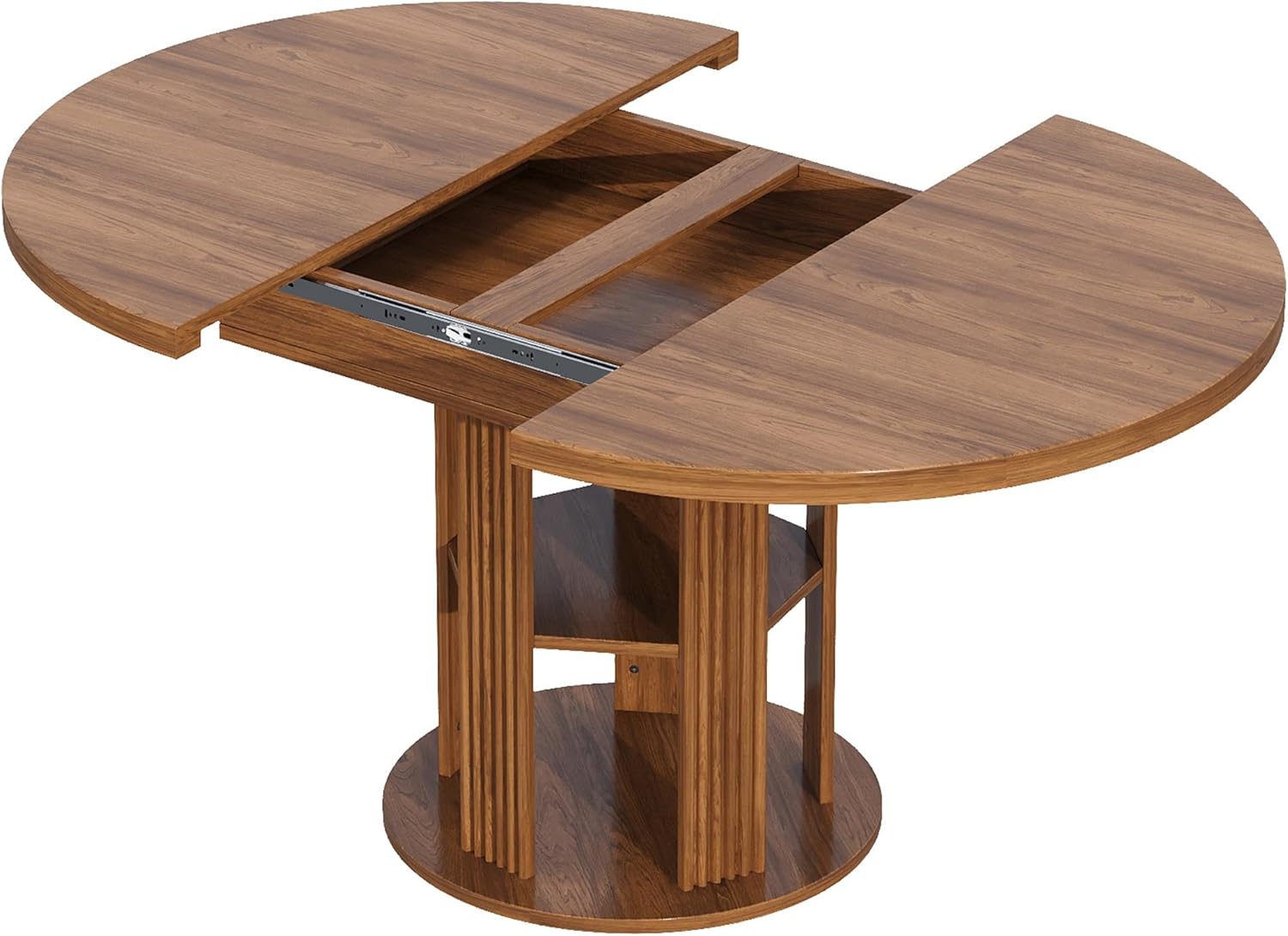 Extendable Dining Room Table for 4-6, 43.3in-59in Oval Dining Room Table with 2-Tier Storage Shelf, Modern Kitchen Table, Round Dining Stage with Wood Strip Base for Kitchen Living Room,Walnut
