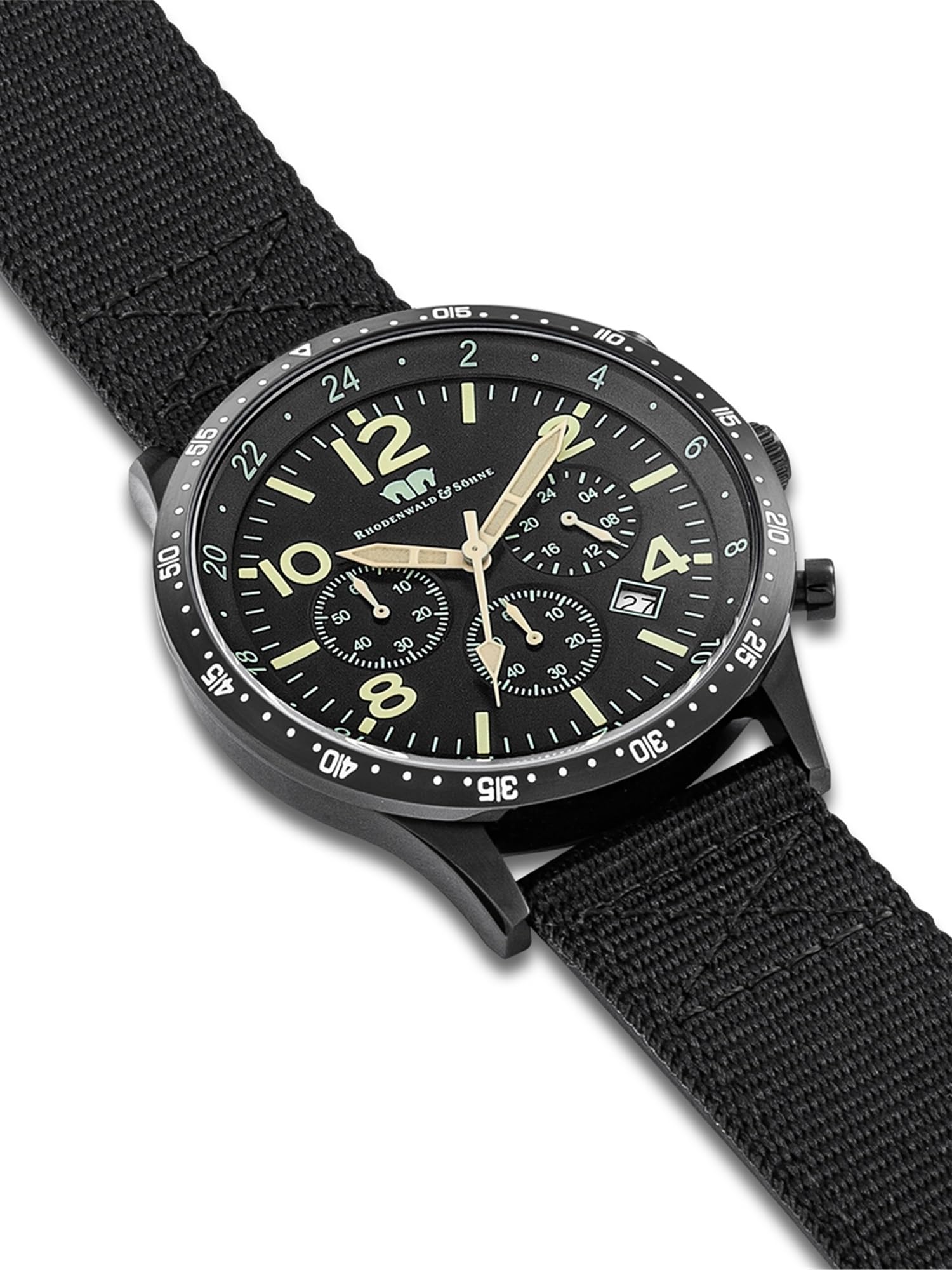 Rhodenwald & Söhne Herren Uhr Edelstahl schwarz Quarzwerk 5 ATM | Nylon Armband, schwarz, keine Prägung, Chronograph, Zifferblatt schwarz, Mineralglas, Armbanduhr