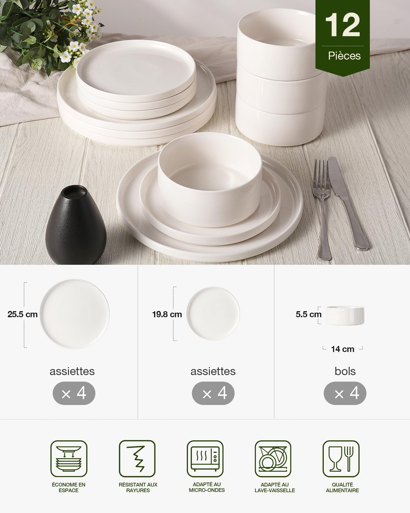 Richmount Porcelaine Service 12 pièces pour 4, assiettes et bols, blanc | Service de vaisselle, assiettes au design moderne, service de table à bord relevé, compatible micro-ondes et lave-vaisselle