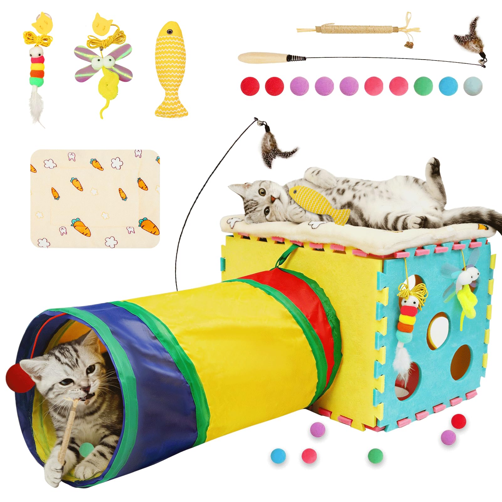 XIAPIA Cat Toys Set for Indoor Cats House with Tunnel, 7 PCS Interactive Kitten Toys with Cat Bed Mat, Balls, Feather Wand, Chew Toy & Cat Accessories,Hold up to 10kg