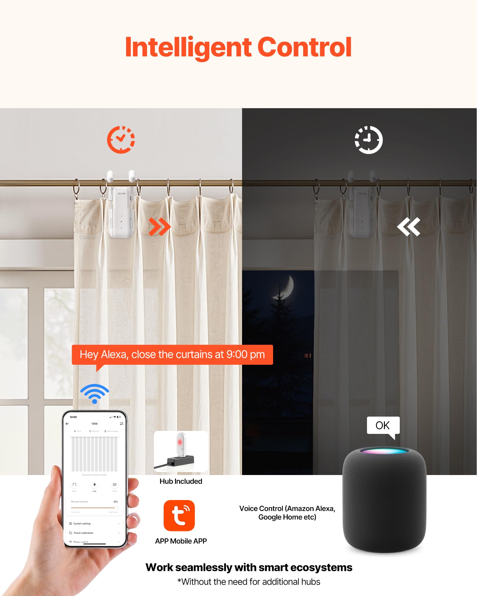 VEVOR Abridor de Cortinas Automático, Robot de Cortinas Inteligente con App, Control Remoto, Concentrador, Compatible con Alexa y Google Home, Apertura/Cierre Programados, para Varillas Romanas