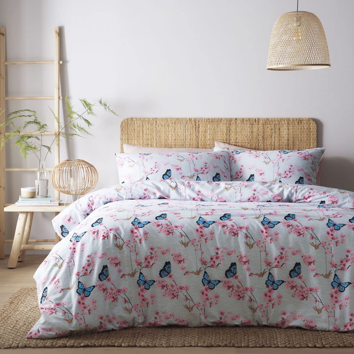 Homemaker Bedding Blue ® Duvet Set Duck Egg Butterflies Pink Blossom Flower Quilt Cover Pillow Cases (King)