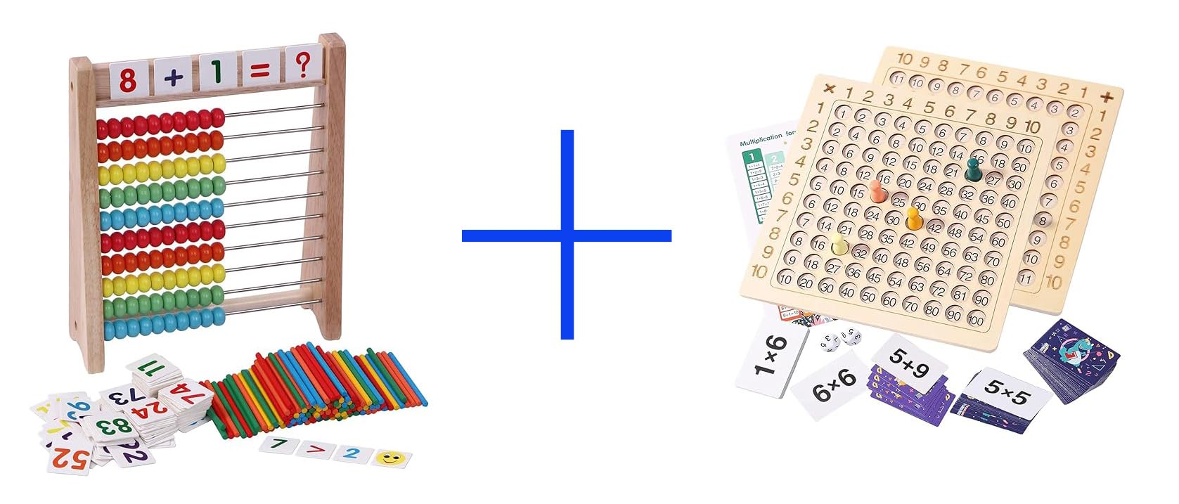 Cltoyvers Wooden Abacus for Kids Math with 100 Counting Sticks and Number Toys Cards 1-100 and 2 in 1 Multiplication Addition Math Board Game for Kids - Wooden Montessori Math Toys for Girls Boys