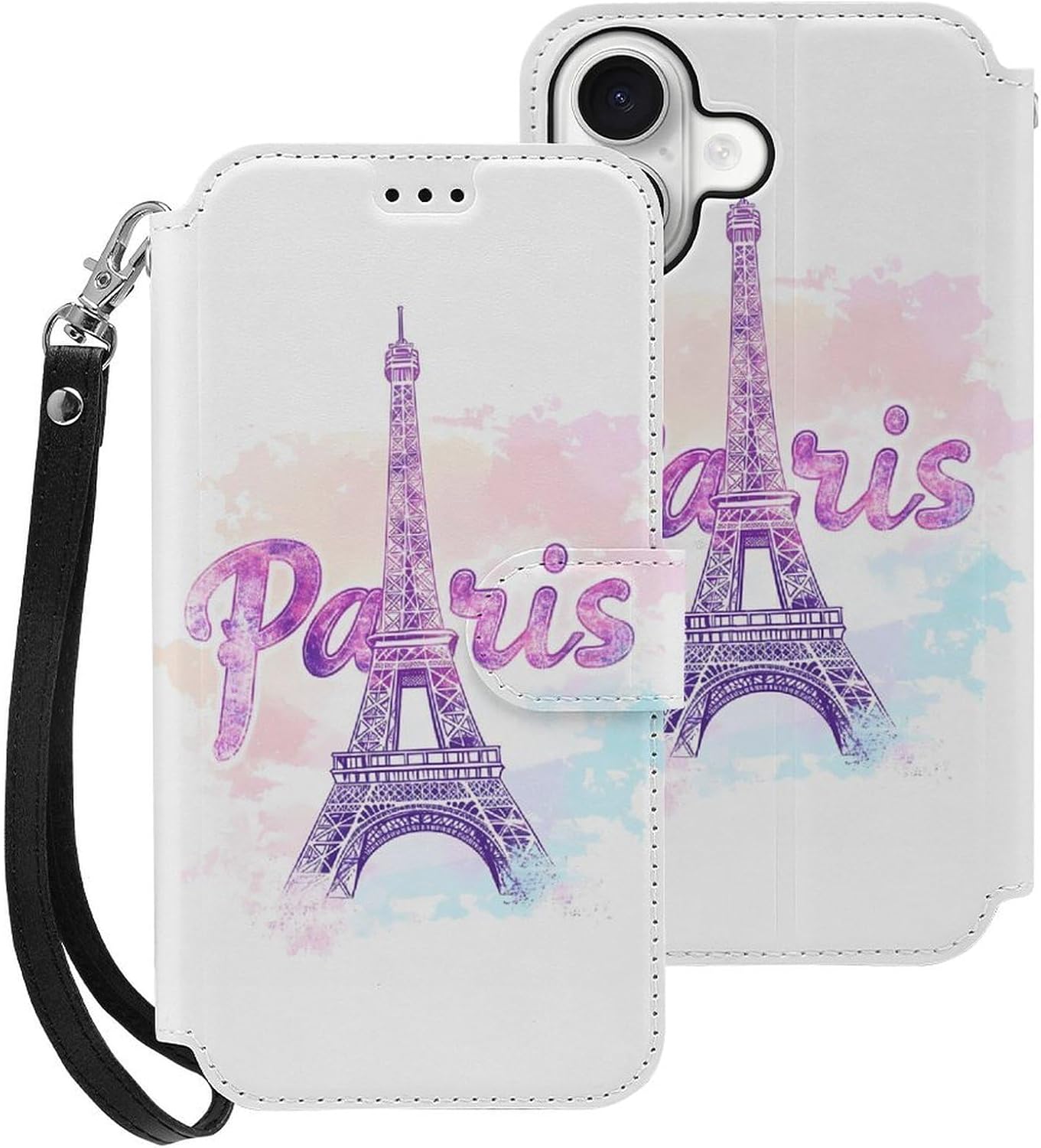 Dreamy Paris Eiffel Tower Compatible with iPhone 16/16 Plus/16 Pro/16 Pro Max/16 E Case Phone Wallet Card Holder Flip Cover with Wrist Strap