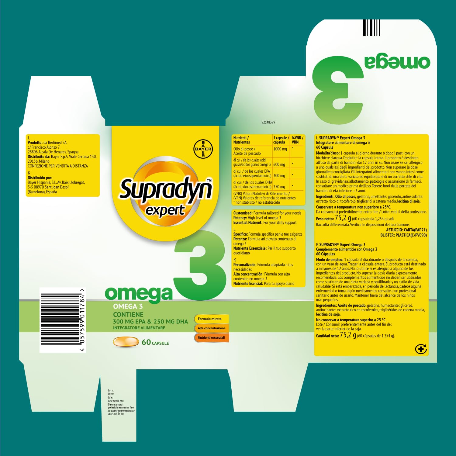Supradyn Omega 3 Integratore, olio di pesce 1000 mg per capsula con 600 mg di Omega-3, EPA 300 mg + DHA 250 mg, formula concentrata con vitamina E, 60 capsule