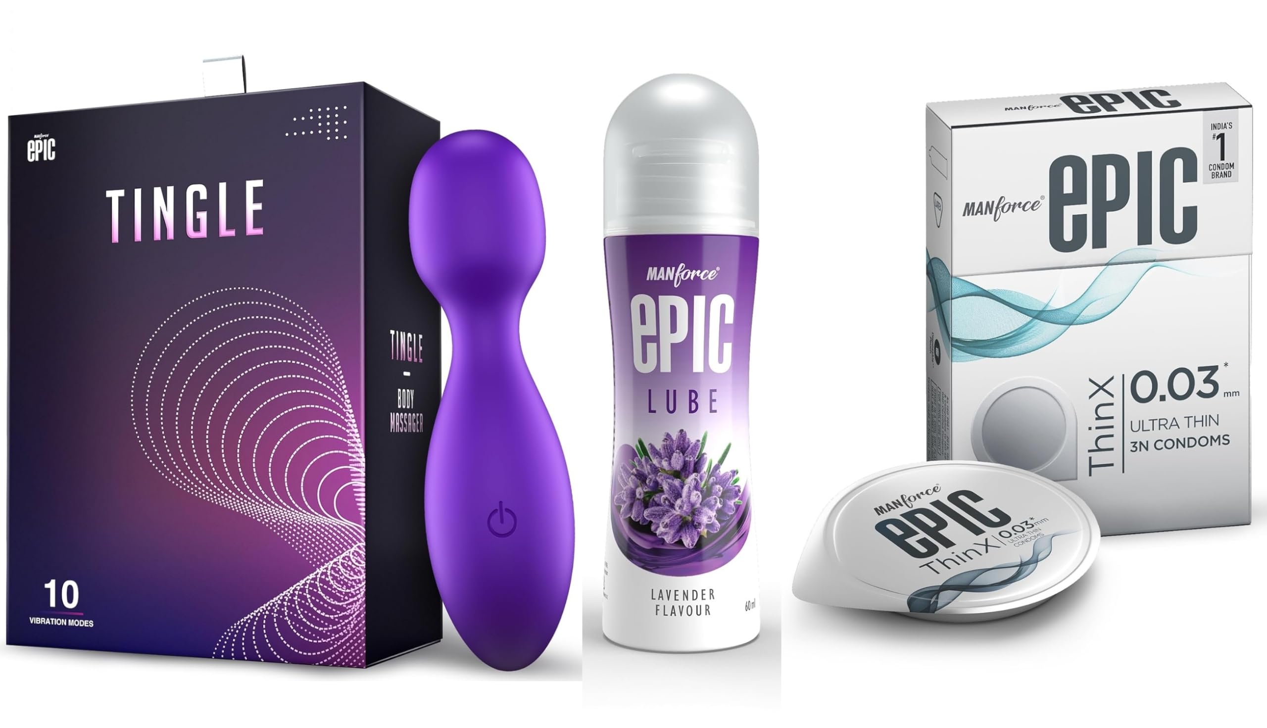 Manforce Epic Tingle Massager | 10 Vibration Modes,Epic Lube | Lavender | 60ml | Water-based & Epic ThinX | Ultra Thin Condoms with Easy Peel Pack | 3 Pcs-image-41