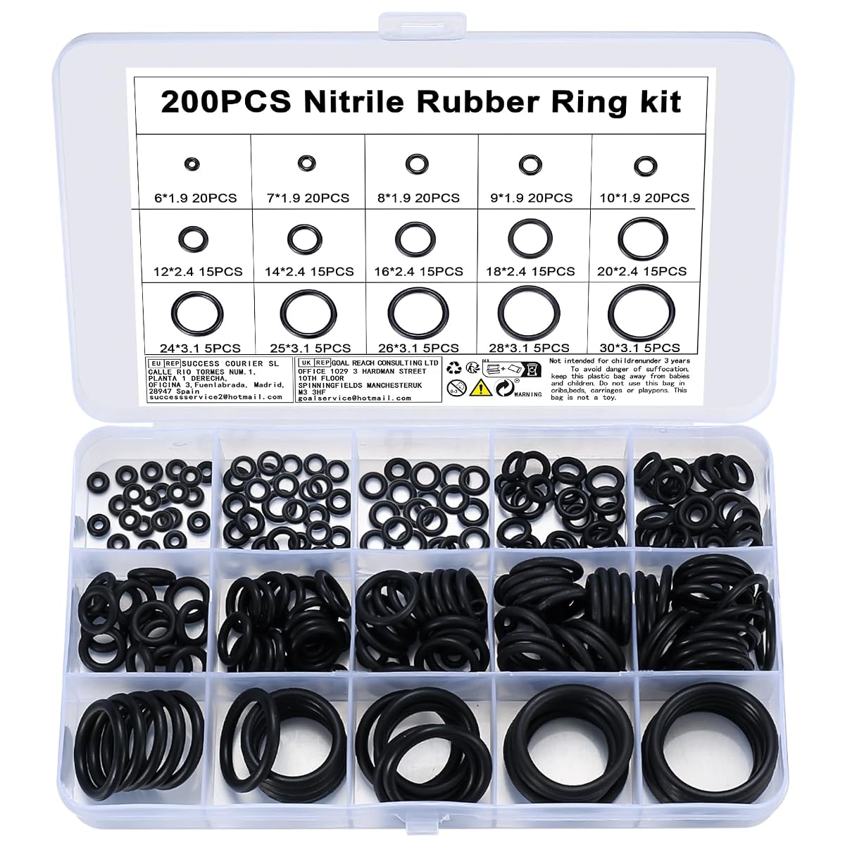 Newoutset 200 Pcs O-Rings Gasket Kit, Nitrile Rubber, Black, 15 Sizes, 1 Pack