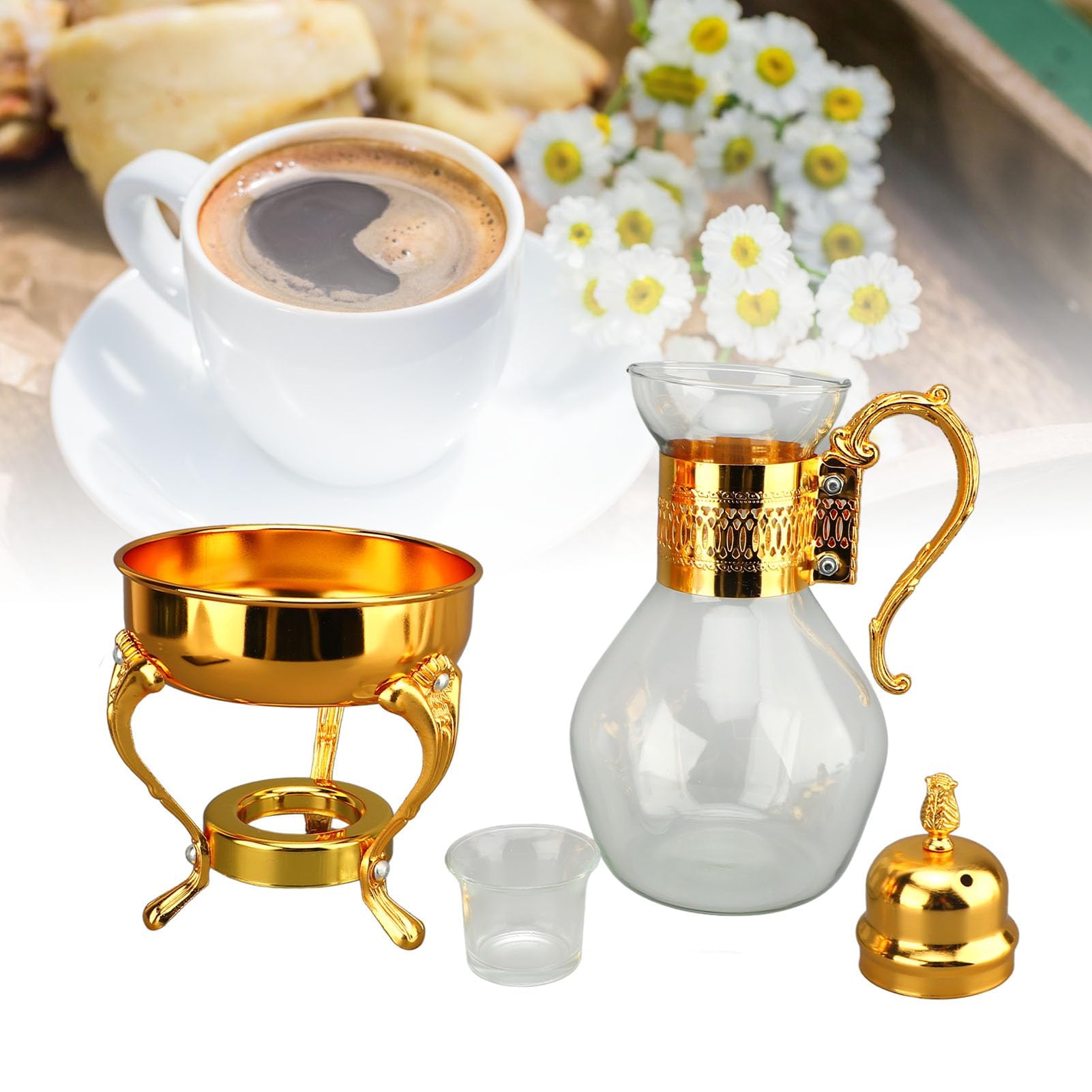 Glas-Set, Glas-Kaffeekanne, Glas- mit Stövchen, türkische, Vintage-Stil, Teekessel, klare Glas- mit Deckel und Tasse (Gold)