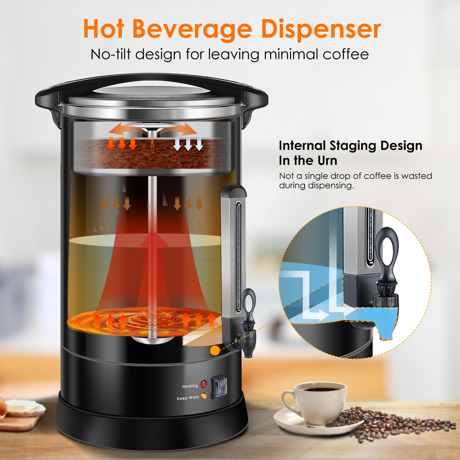 Homtone Cafetera con filtro redondo, 120 tazas/18L, cafetera grande de acero inoxidable de doble pared con grifo, ideal para fiestas, dispensador de agua caliente para café y té, 1500 W (Negro)