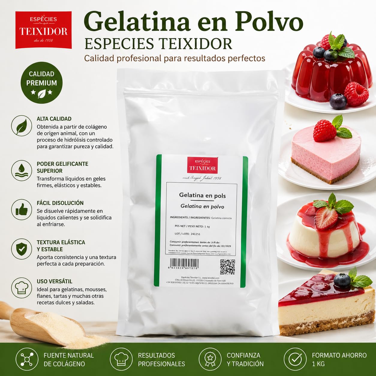 Gelatina Neutra Sin Sabor en Polvo Fino 1 kg Profesional Teixidor 100% Colágeno Animal Puro, Fácil Disolución Espesante, Gelificante y Estabilizante para Postres, Mousses y Repostería