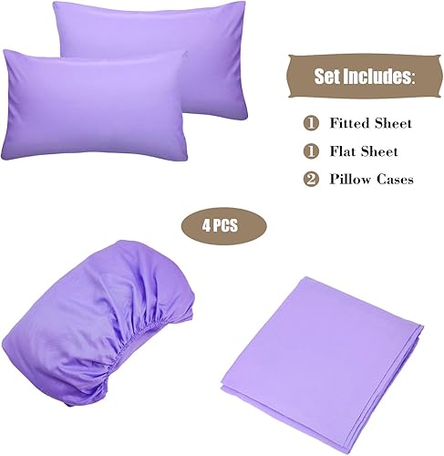 Miniatura 6 de Juego de sábanas de 4 piezas (tamaño Queen, lavanda), 1 sábana encimera, 1 sábana bajera y 2 fundas de almohada, ropa de cama de lujo de microfibra
