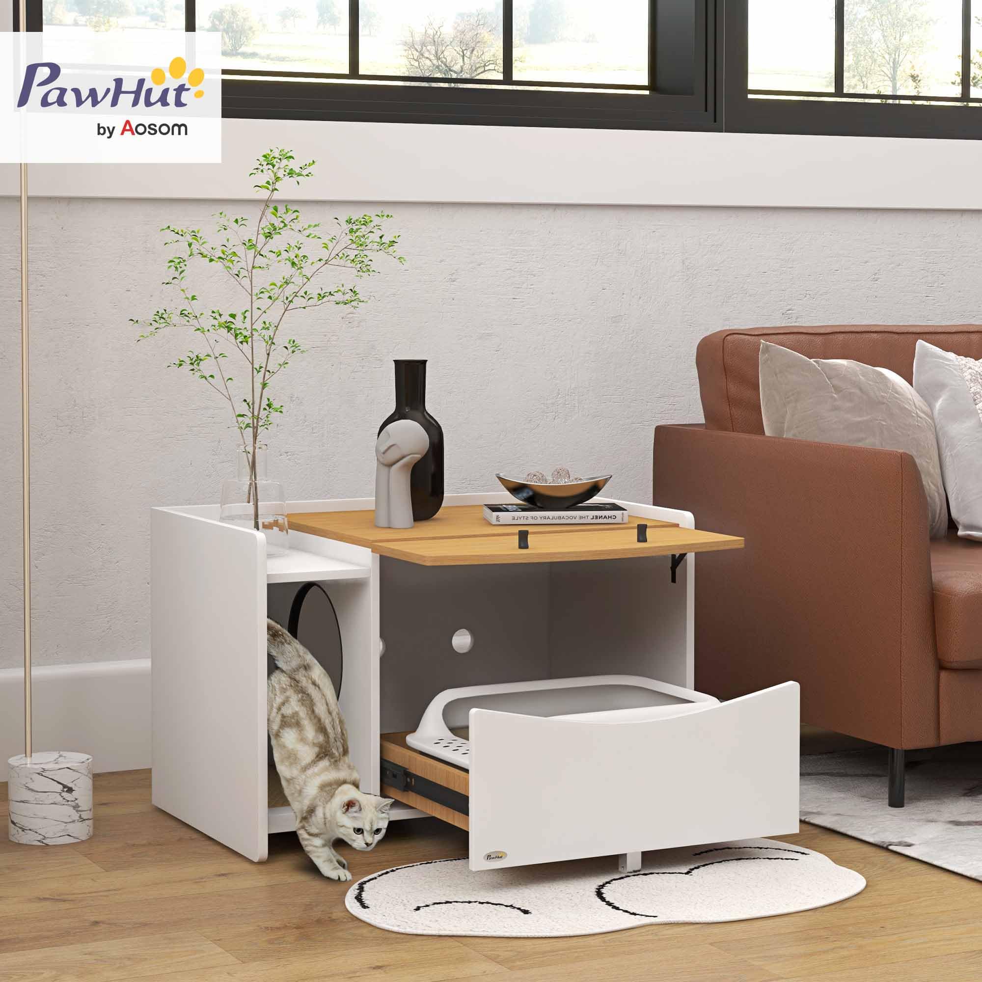 PawHut armadietto per gatti per lettiera, armadietto per lettiera con mobile estraibile, tappetino per la raccolta della lettiera, casetta per gatti da interno, 78 x 50 x 51 cm, rovere | Armadietto per gatti, lettiera nascosta con armadio estraibile, tapp