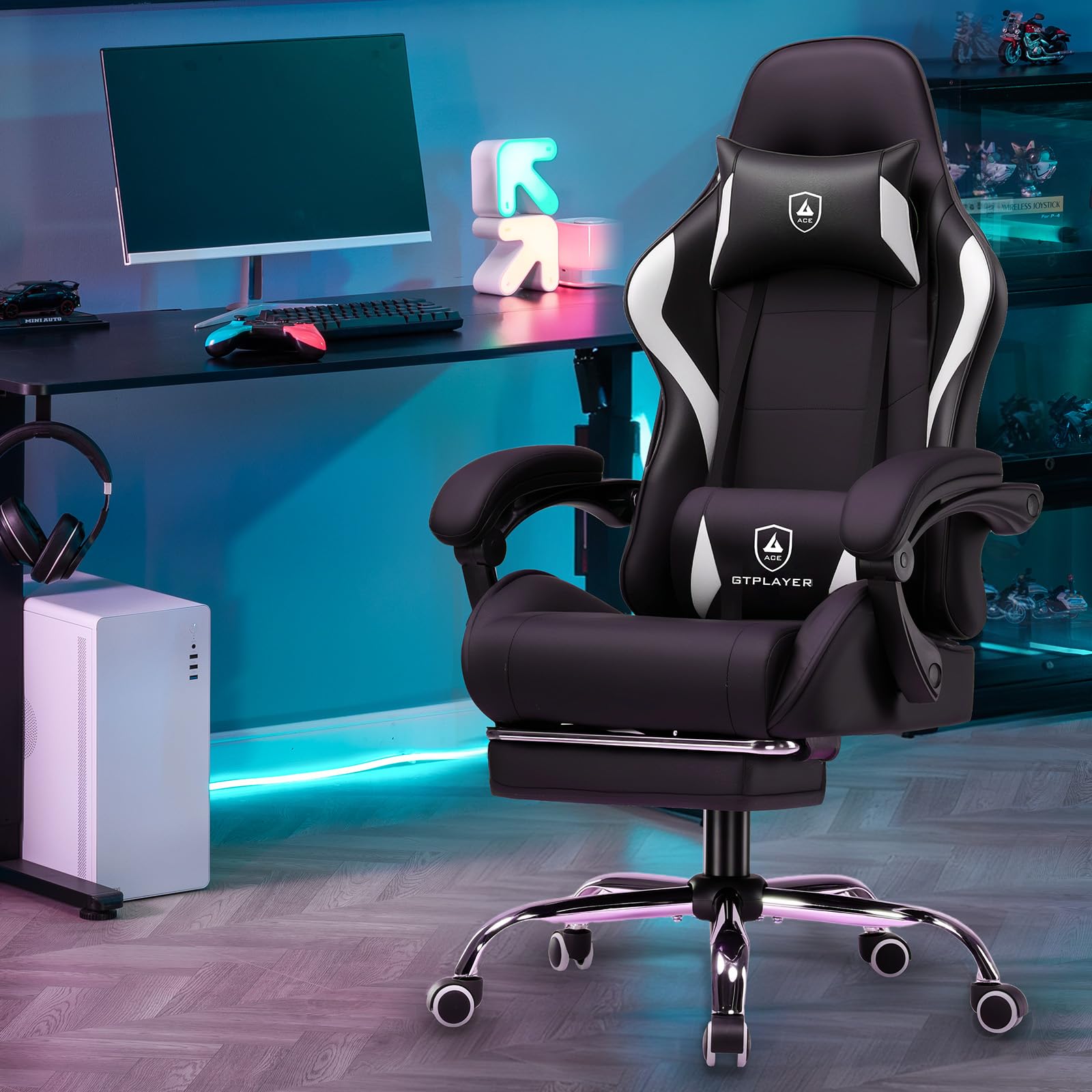 GTPLAYER, Silla de gaming, silla de oficina con soporte lumbar de masaje, reposacabezas ajustable, reposapiés ergonómico, reposabrazos de conexión y reposapiés, 150 kg, color negro