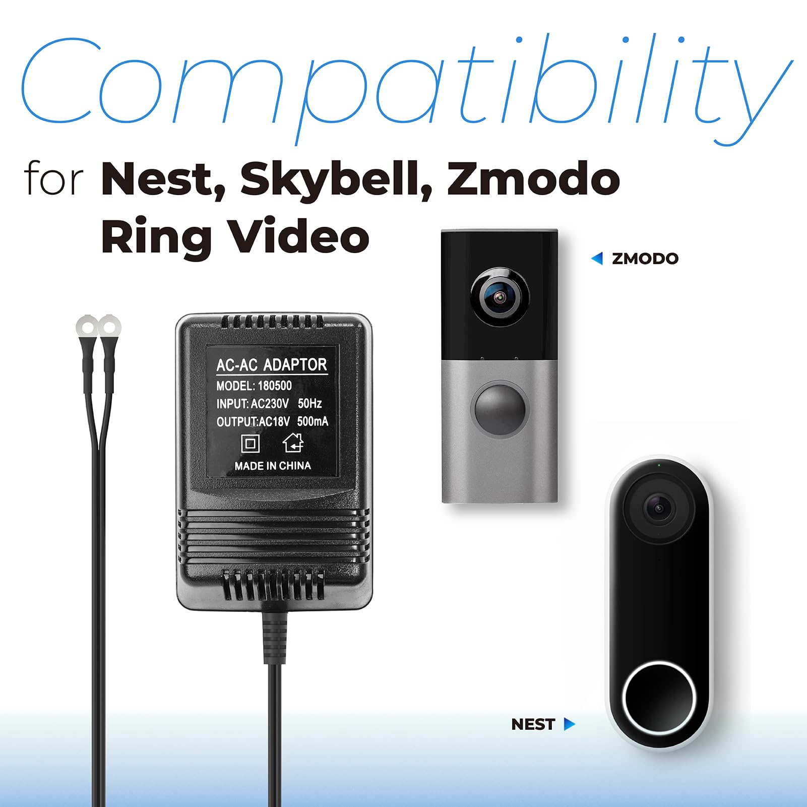 Antoble Ring Doorbell Transformateur 18 V/500 mA, adaptateur d'alimentation AC noir, accessoire de maison intelligente, compatible avec Video Doorbell 2 Pro (5 m)