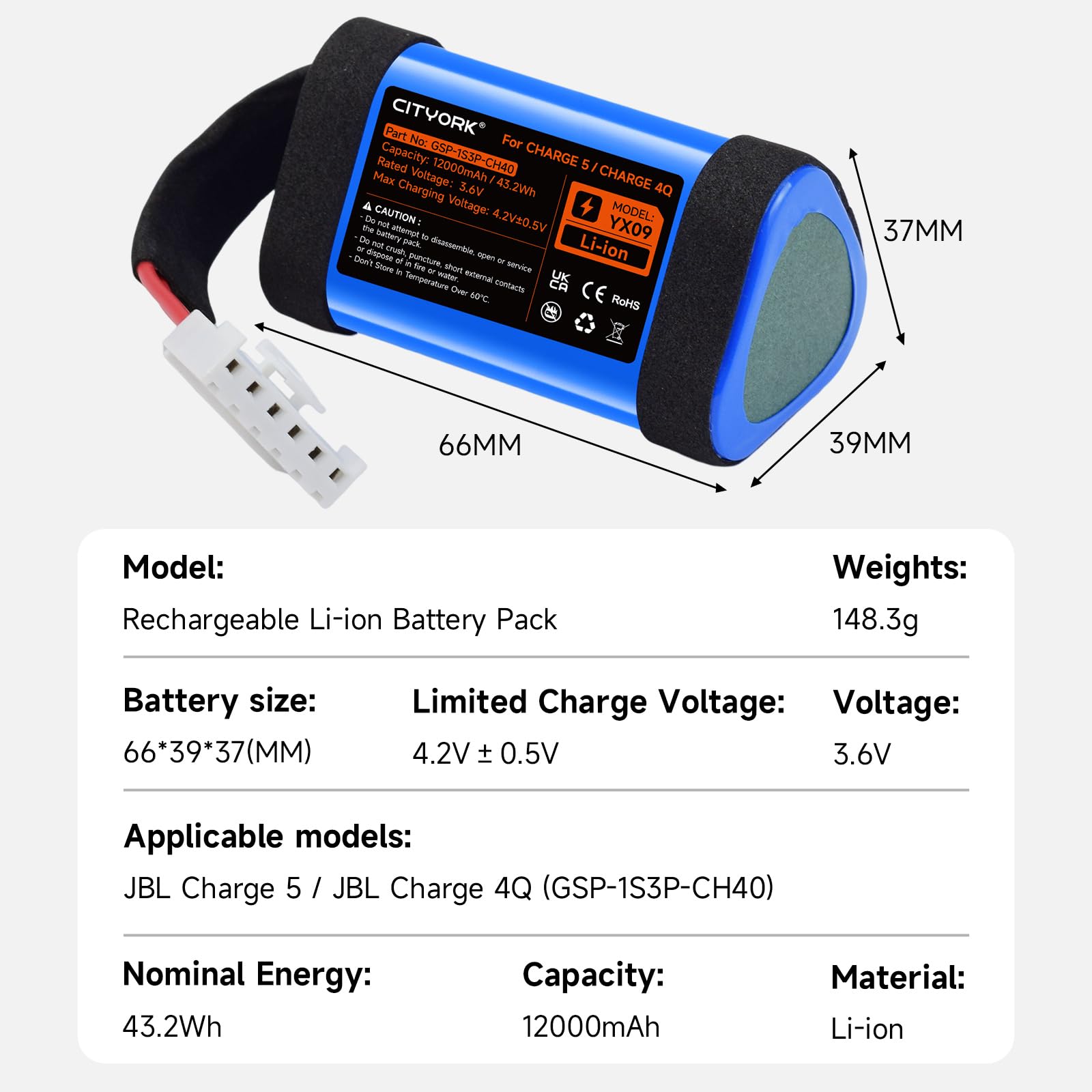 3,6V/ 12000 mAh Batteria di ricambio per JBL Charge 5, per altoparlante Bluetooth wireless JBL Charge 5, codice articolo GSP-1S3P-CH40, GSP-1S3P-CH4A, GSP-1S3P-CH4D (Not for JBL Charge 4)