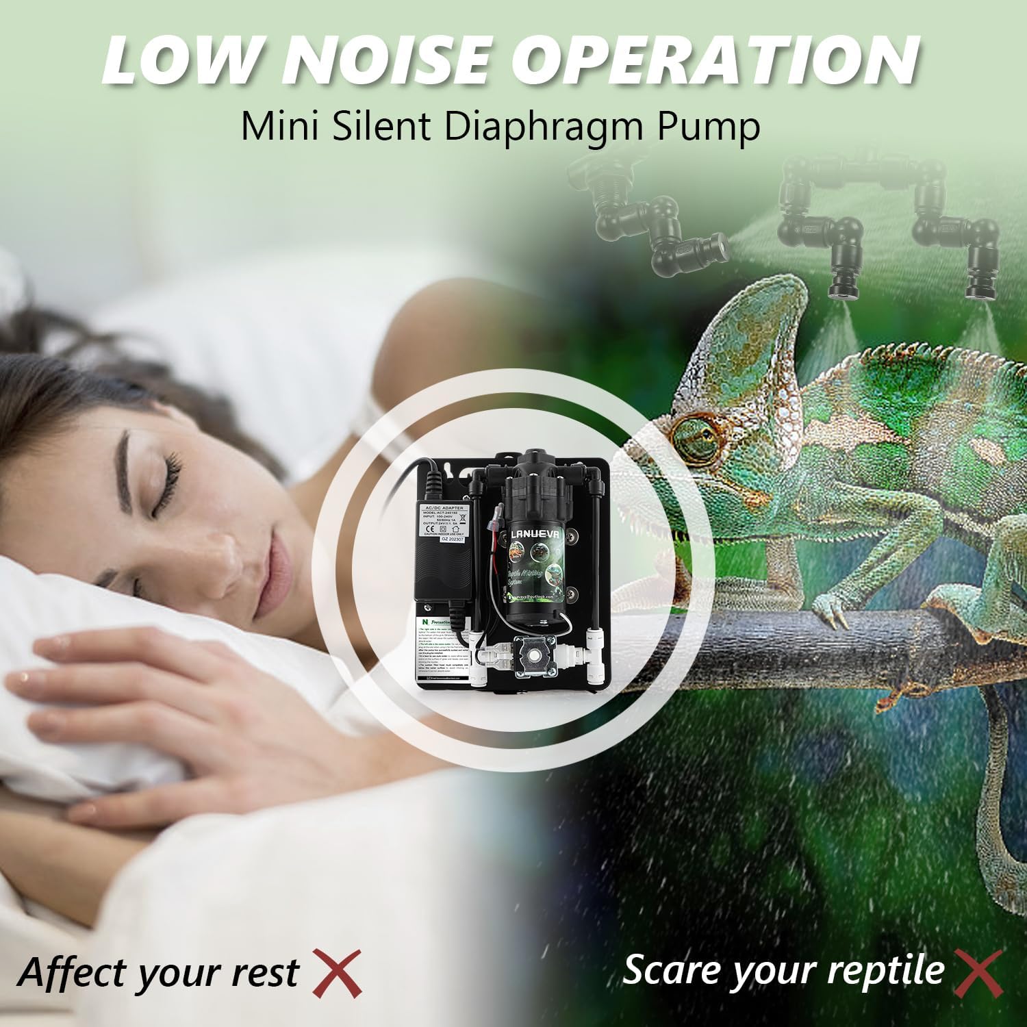 LANUEVA Reptile Humidifier, Quieter Mister Fogger for Terrarium with 4 Single Misting Nozzle + 2 Double Misting Nozzle, Reptile Mister Spray System for Reptile, Chameleon, Lizard, Snake, Frog