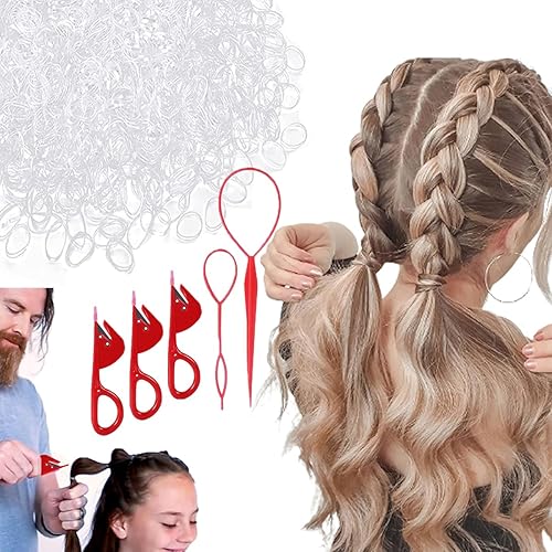 Vrose Flosi Cortador de pelo para niños, 2 herramientas para el cabello Topsy Tail y 3 púas de poni rojo y 500 elásticos transparentes para el