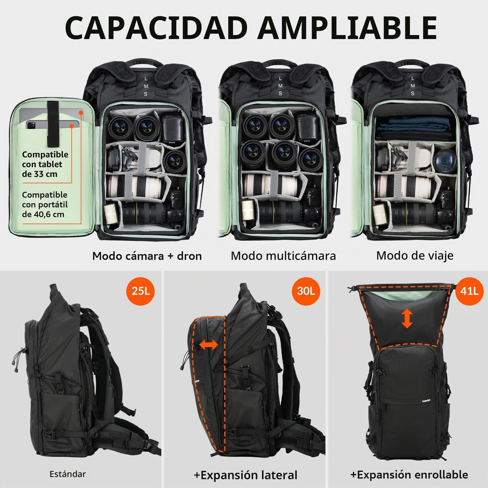 TARION Mochila Fotografía Expandible Senderismo - 35L Mochila Cámara Urbana Impermeable - Espacio Drone Trípode Portátil 16 Pulgadas DSLR SLR XProber