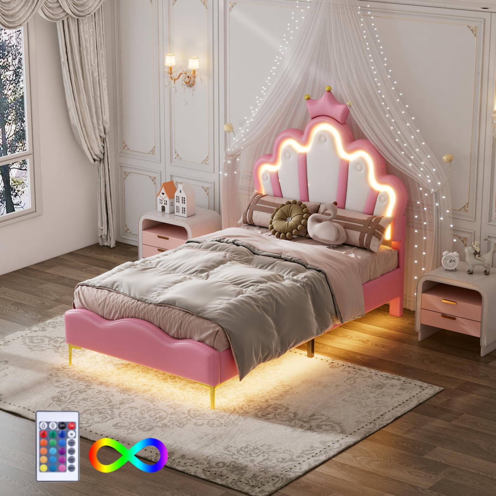 Meisjesbed, 90 x 200 cm, gevoerd bed met lattenbodem en