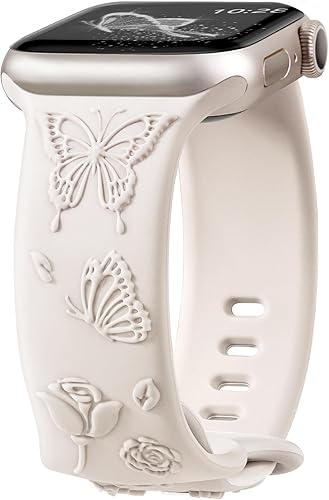 Miniatura 1 de Melyis Correa deportiva de silicona suave grabada con diseño floral y mariposa compatible con Apple Watch de 1.575 pulgadas, 1.614 pulgadas, 1.496