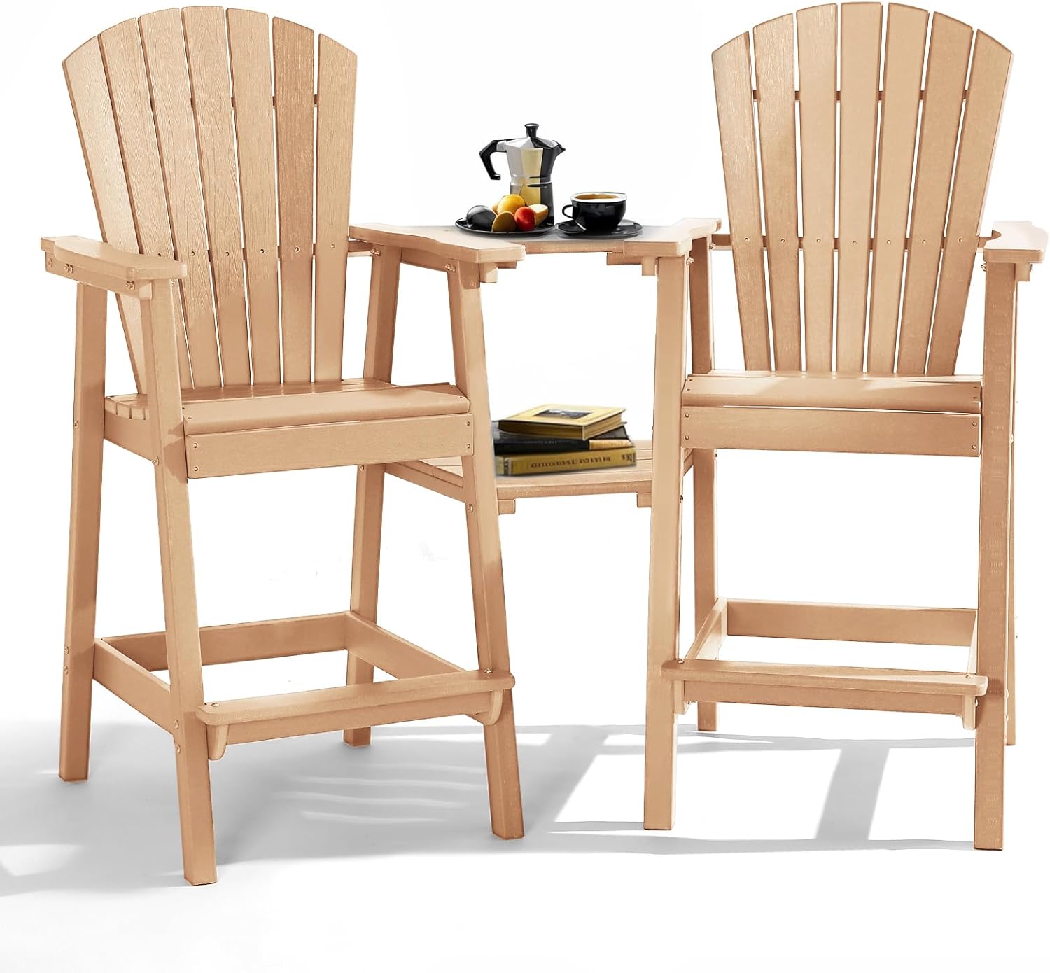 PASAMIC Tall Adirondack Chair Set of 2 with Removable Double Connecting Trays, Recycled HDPE with Wood Grain, Weather Resistant, Outdoor Adirondack Barstools for Deck, Balcony, Patio, Backyard, Wood