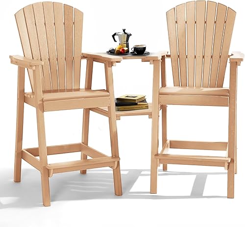 PASAMIC Juego de 2 sillas Adirondack altas con bandejas de conexión dobles extraíbles, polietileno de alta densidad reciclado con veta de madera,